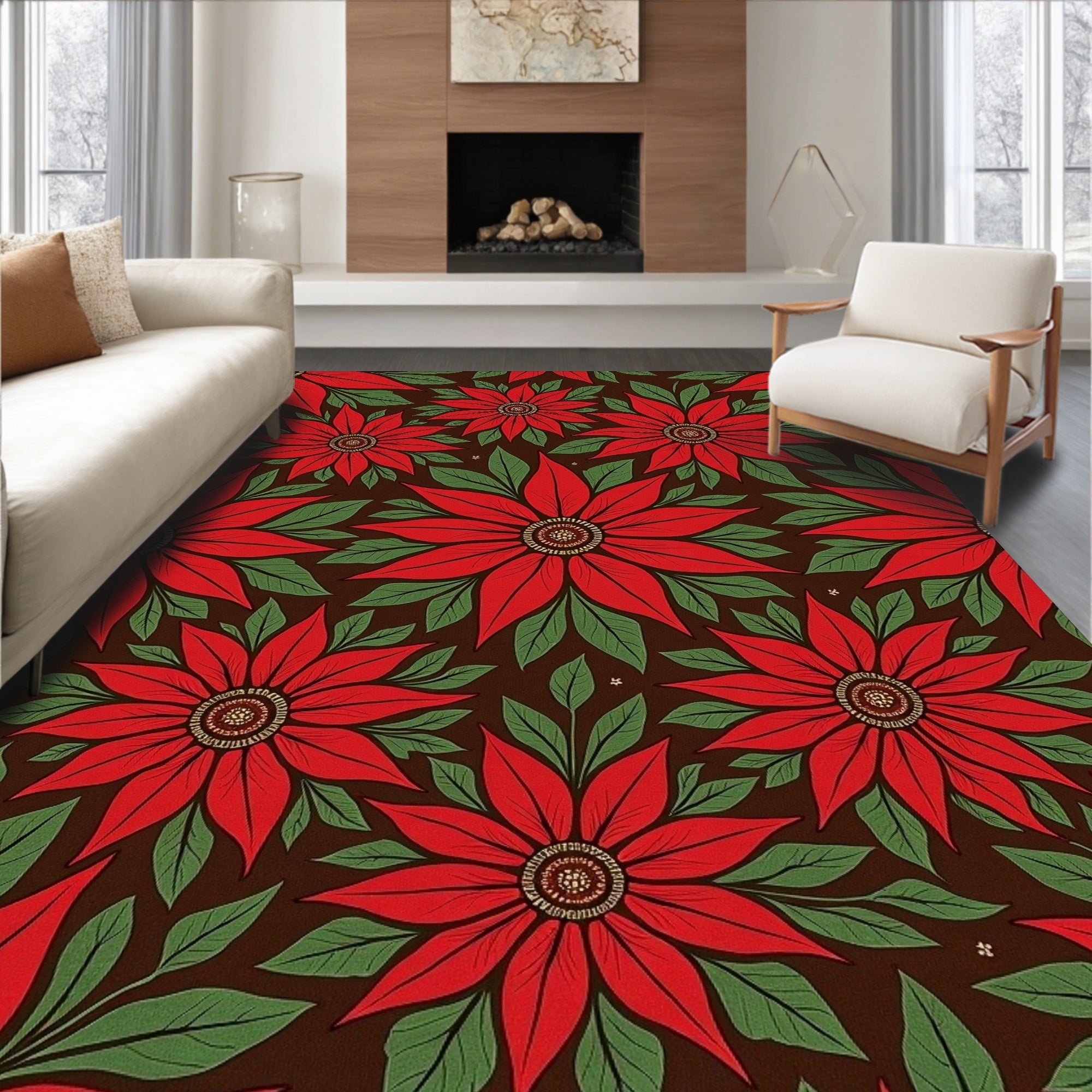 Red Floral Leaves Pattern Rug