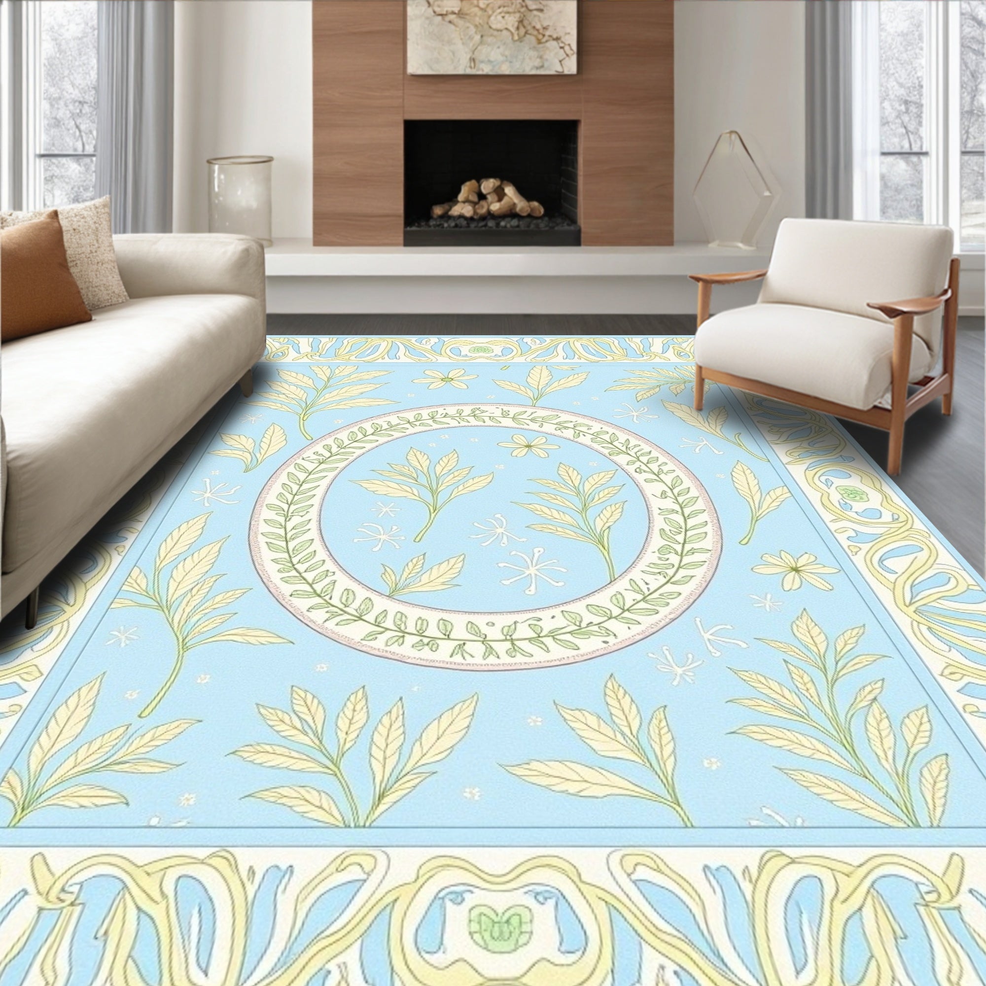 Pale Blue Floral Leaf Pattern Rug