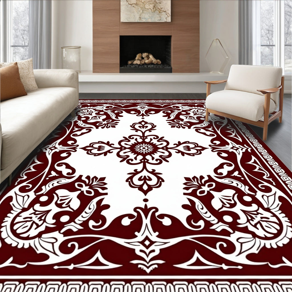 Intricate Floral Scrollwork Red and White Rug