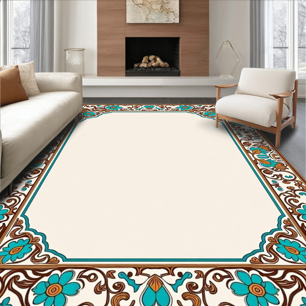 Turquoise Floral Scrollwork Border Design Rug