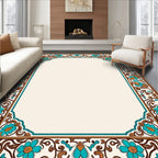 Turquoise Floral Scrollwork Border Design Rug