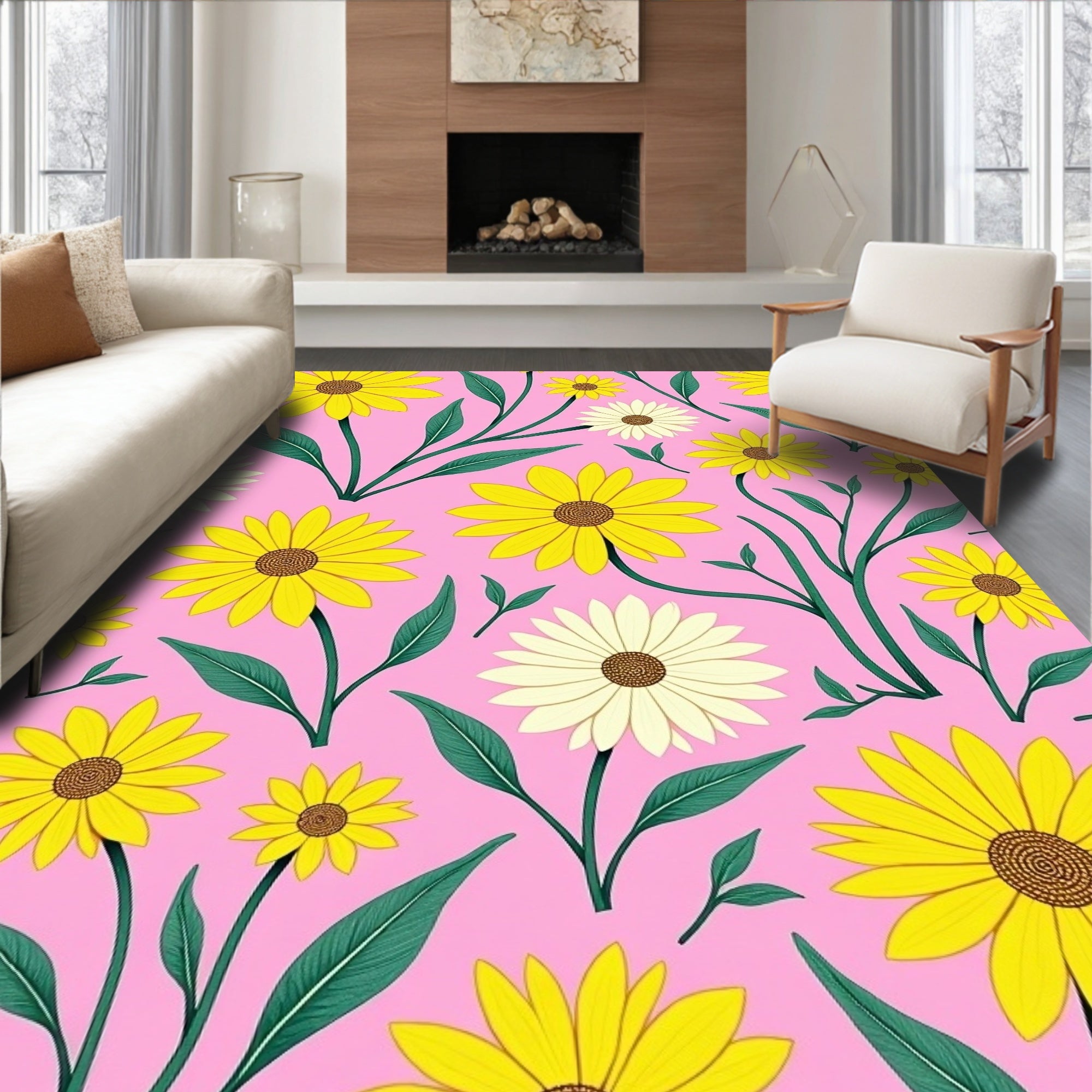 Yellow Daisy Floral Pattern Rug