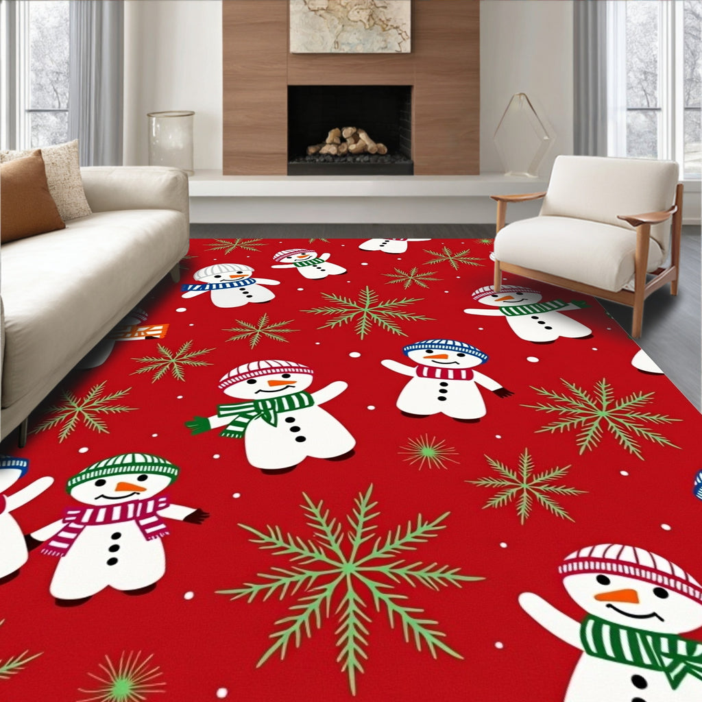 Animated Snowmen with Green Snowflakes Design Rug
