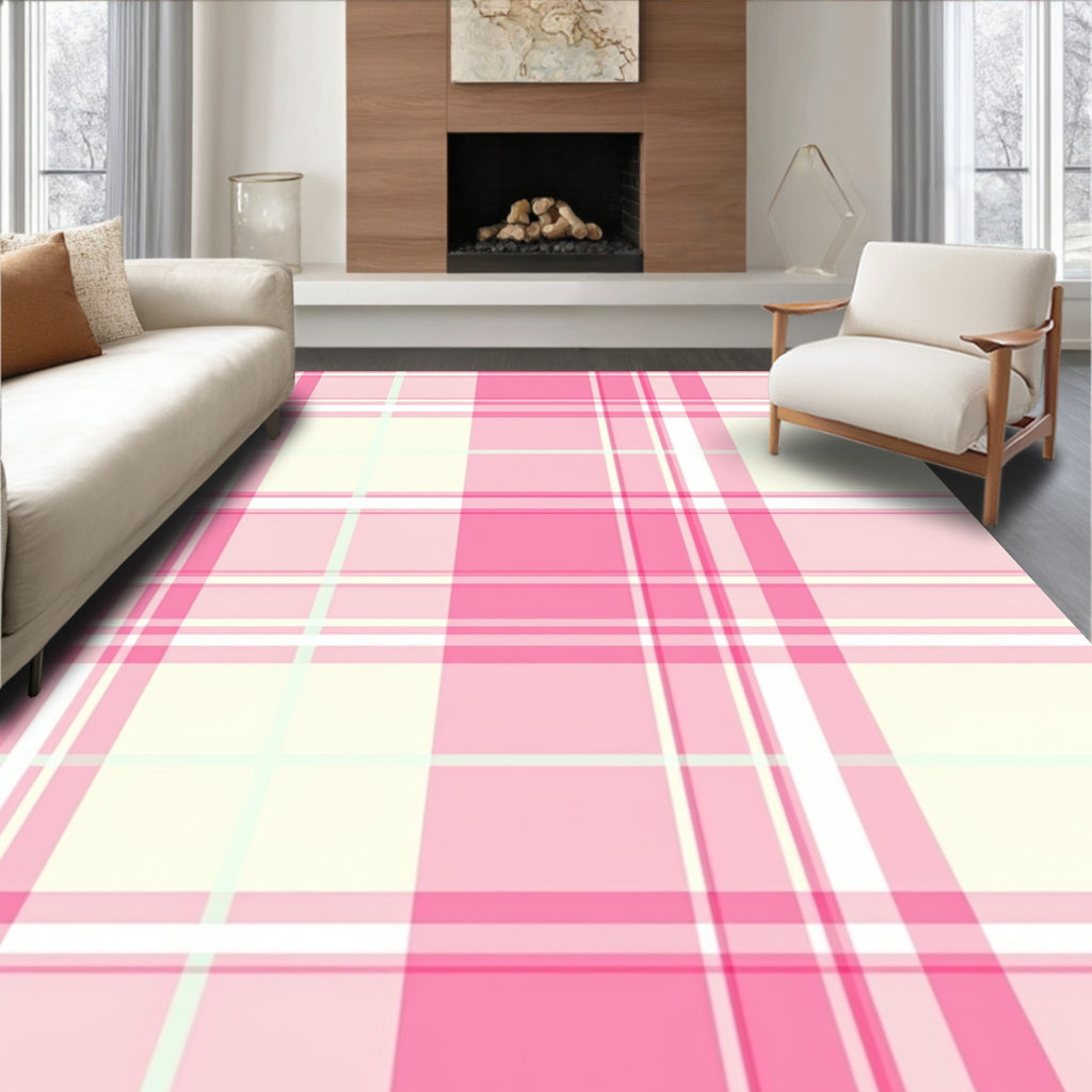 Pink White Plaid Geometric Pattern Rug