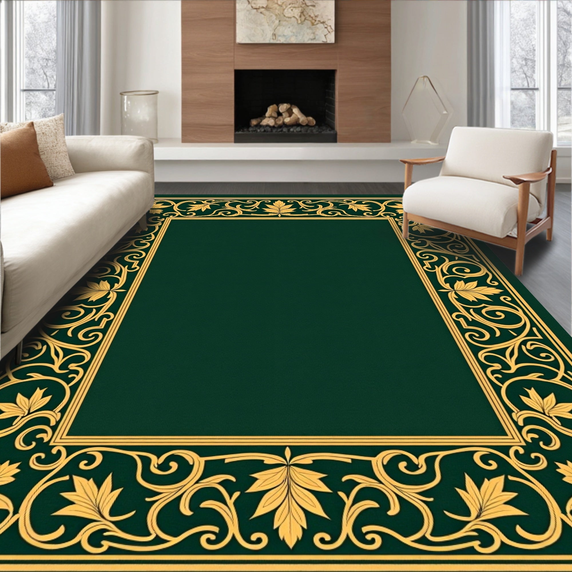 Ornate Golden Leaf Border Design Rug