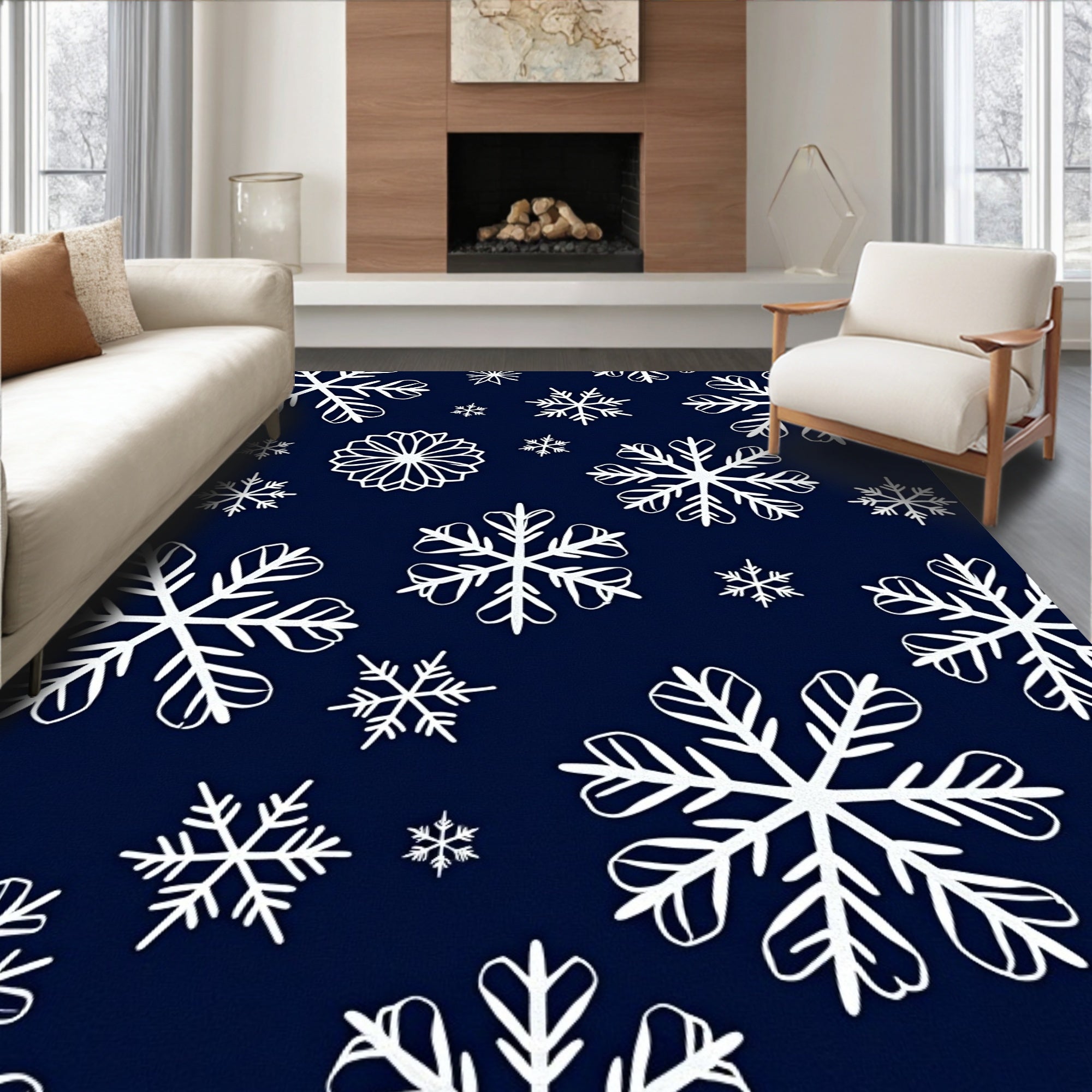 White Snowflake Patterned Navy Rug