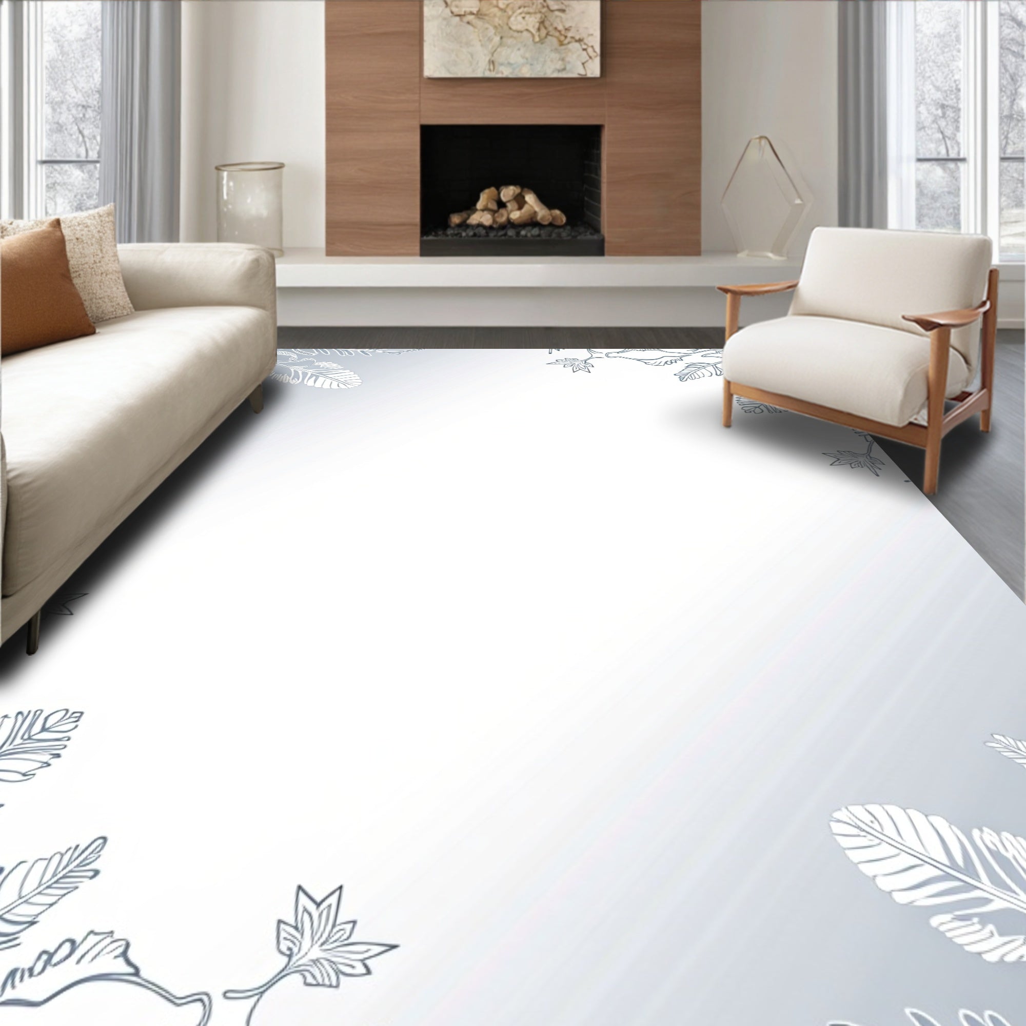 Pale Blue Leafy Branch Corner Rug