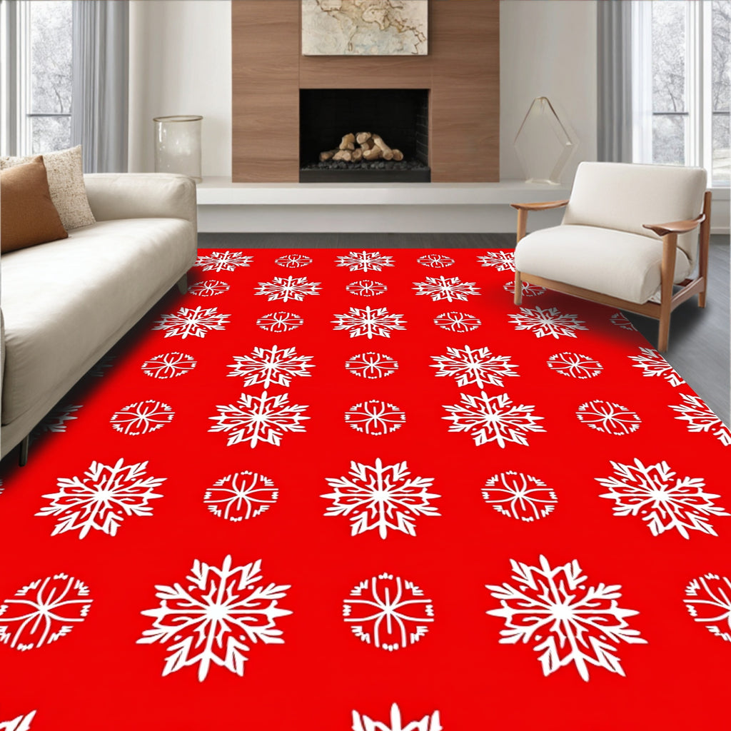 White Snowflake Patterned Red Rug