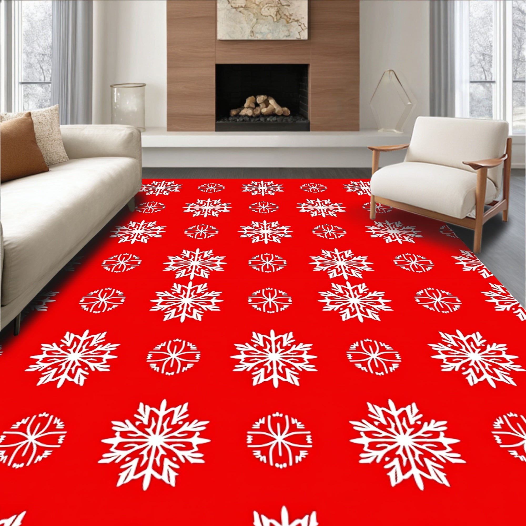 White Snowflake Patterned Red Rug