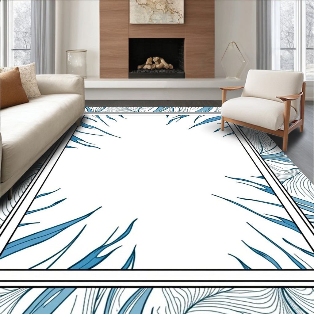 Abstract Blue Leafy Organic Pattern Rug