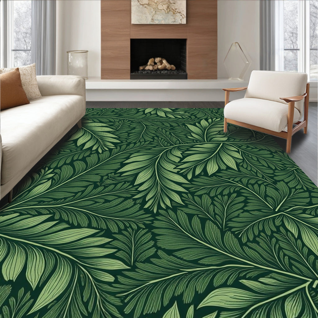 Dark Green Leafy Vine Pattern Rug