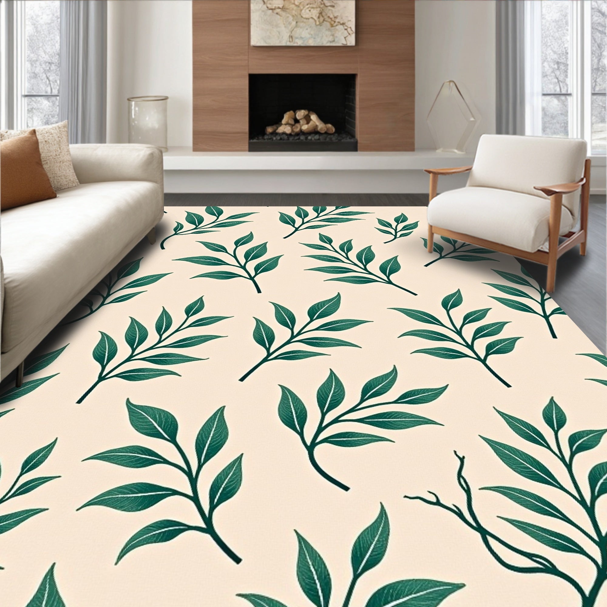 Modern Green Leaf Branch Pattern Rug