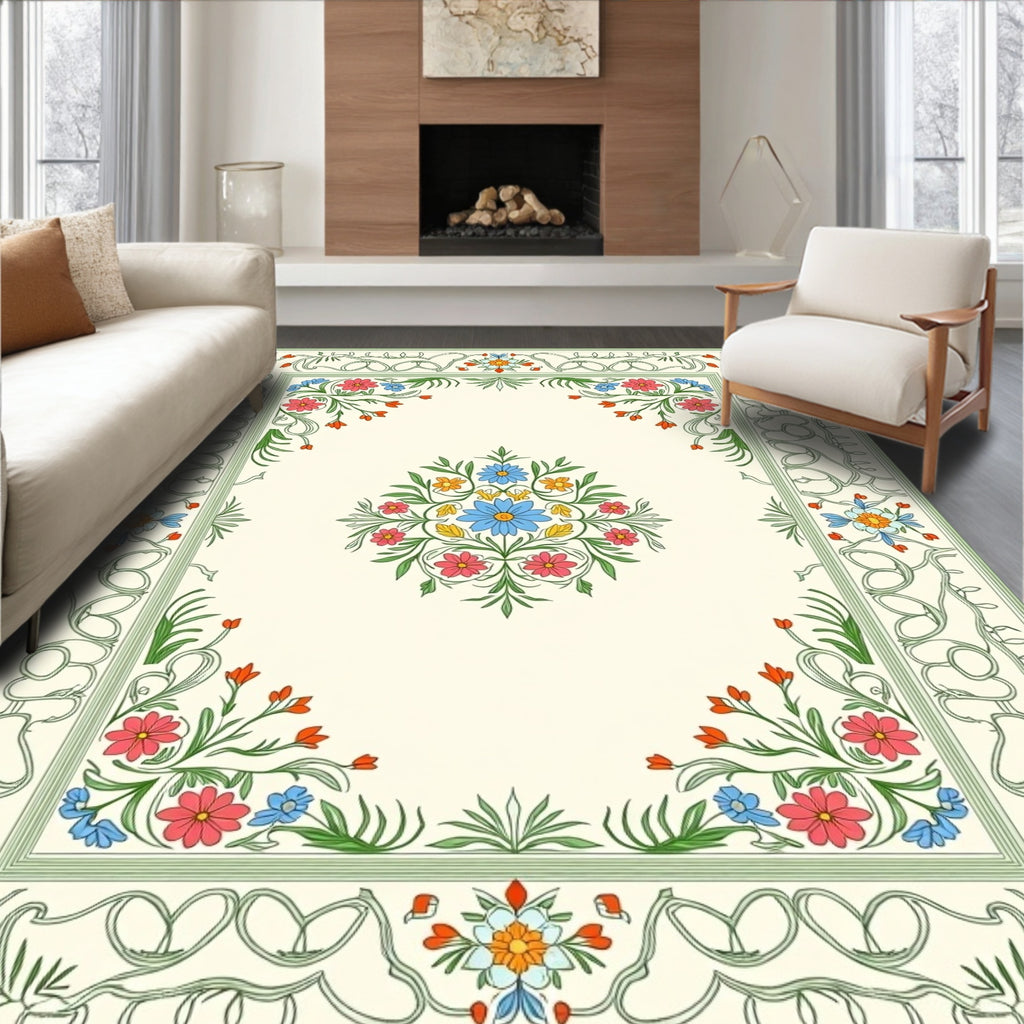Green Floral Bordered Cream Rug