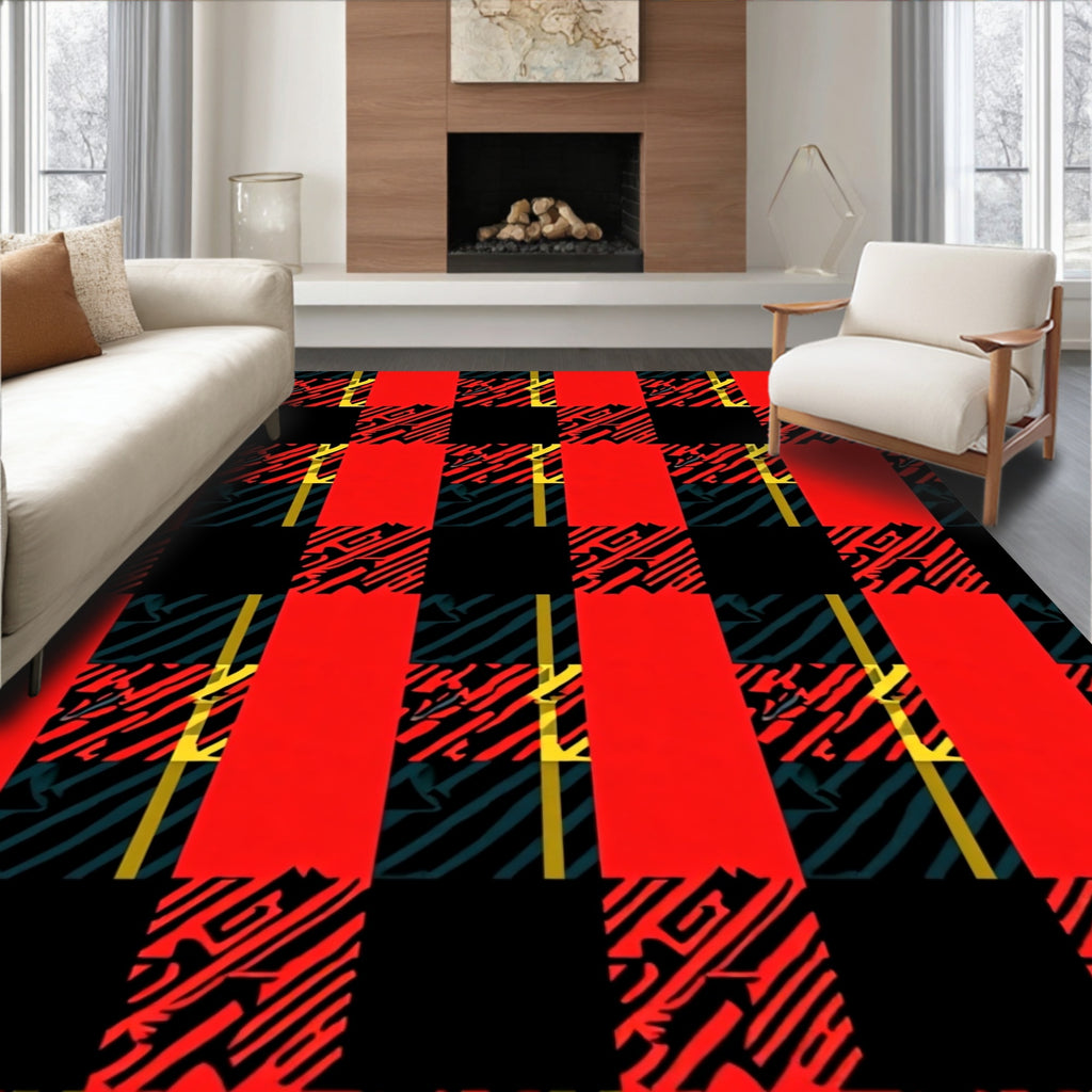 Bold Red Black Plaid Pattern Rug