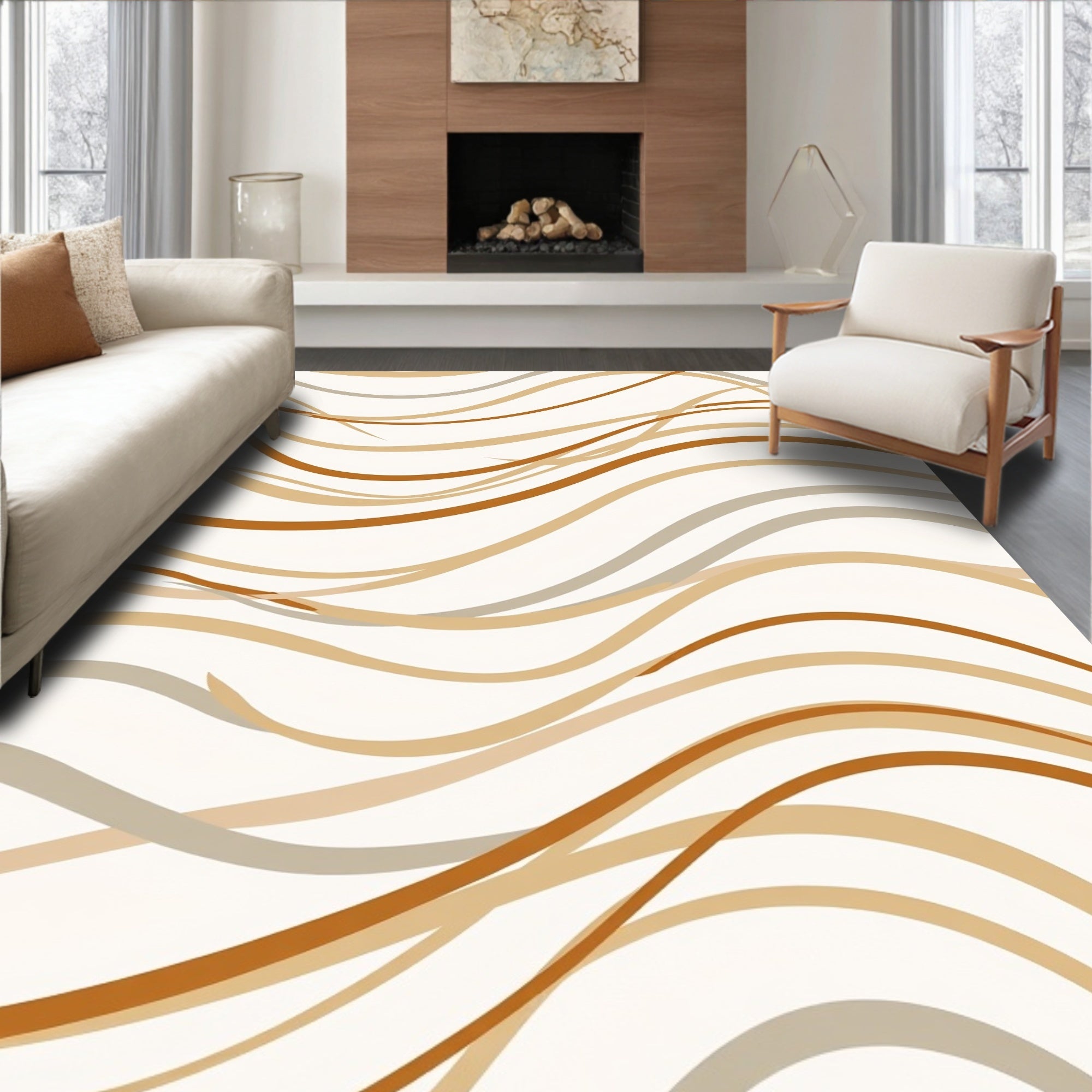 Golden Flowing Wave Pattern Rug