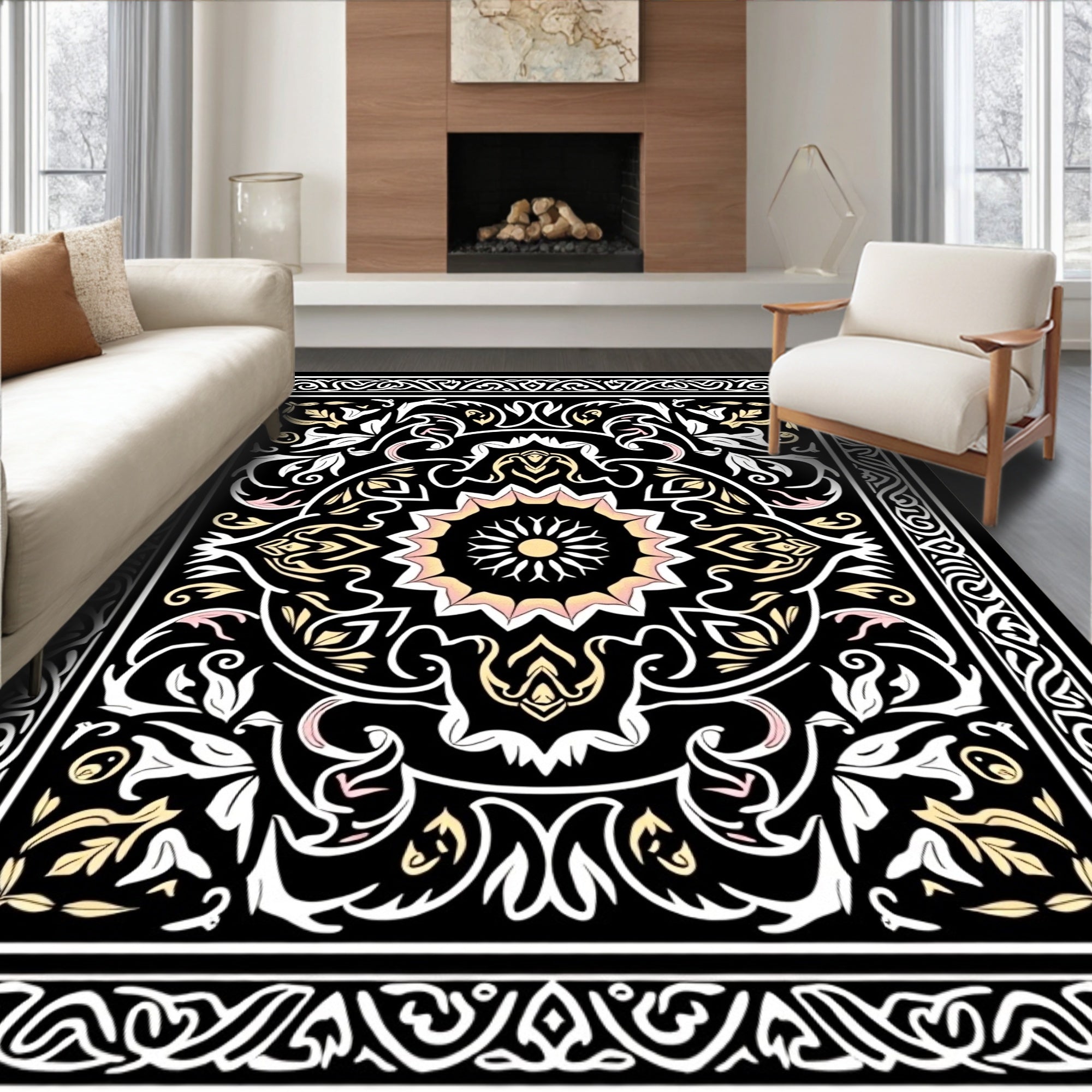 Ornate Floral Mandala Black Gold Rug