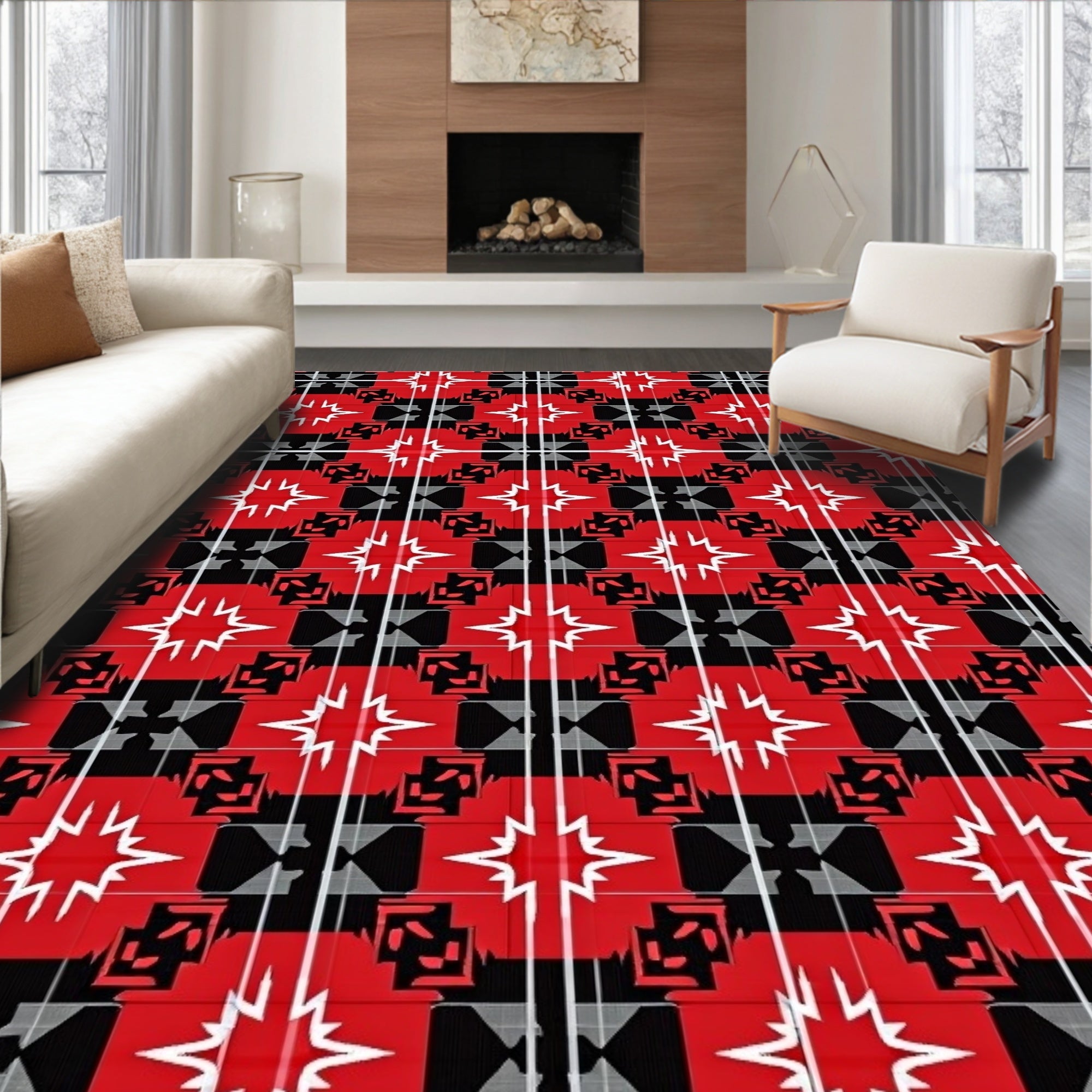 Bold Red Black Geometric Starburst Pattern Rug