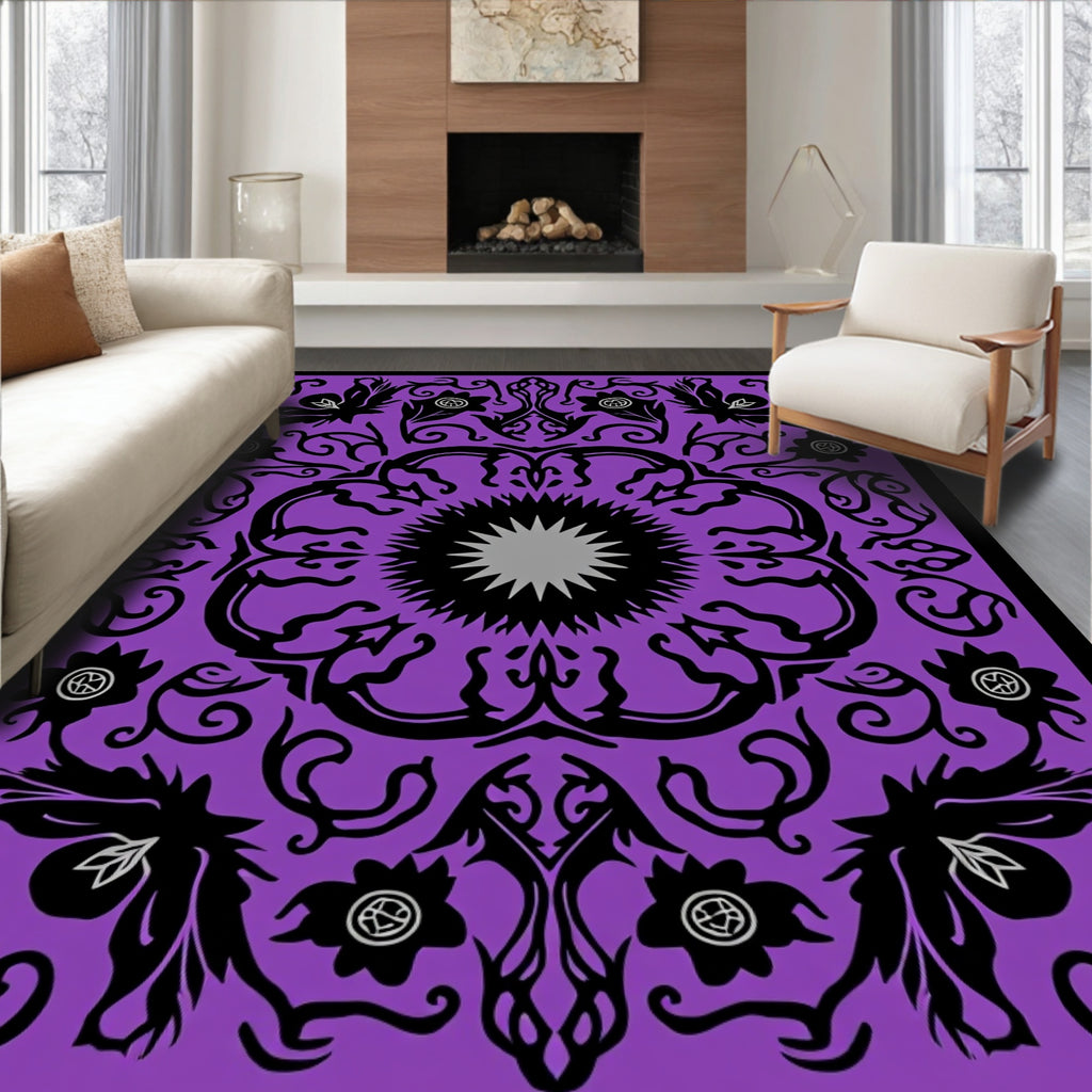 Purple Black Floral Medallion Pattern Rug