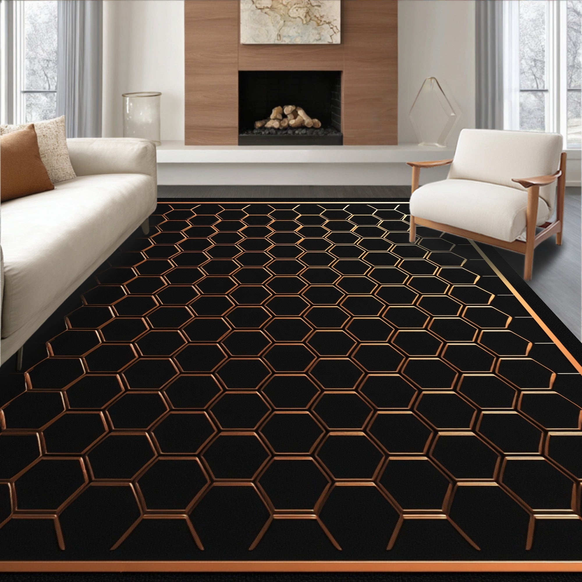 Modern Copper Hexagonal Patterned Rug