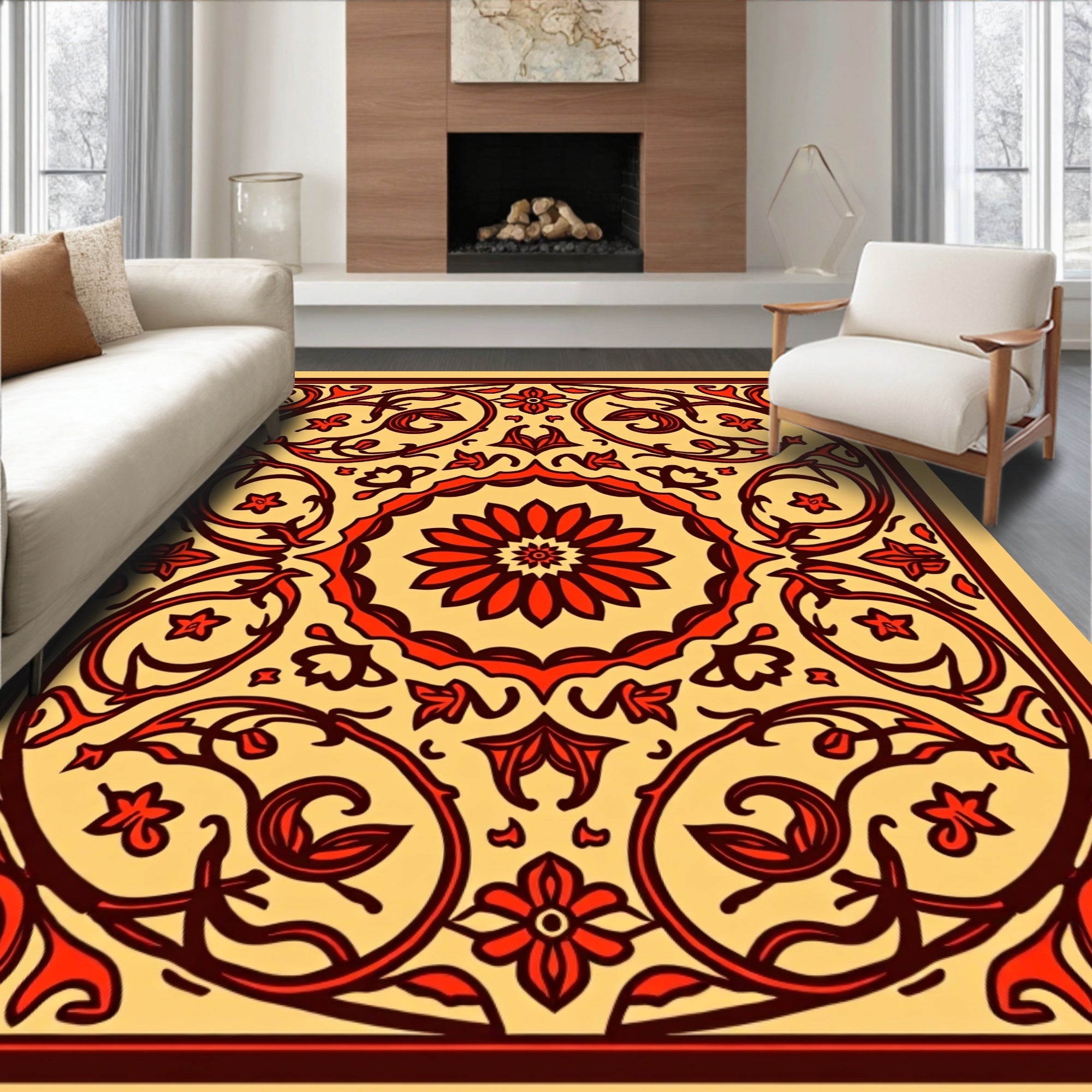 Crimson Floral Swirl Ornament Rug