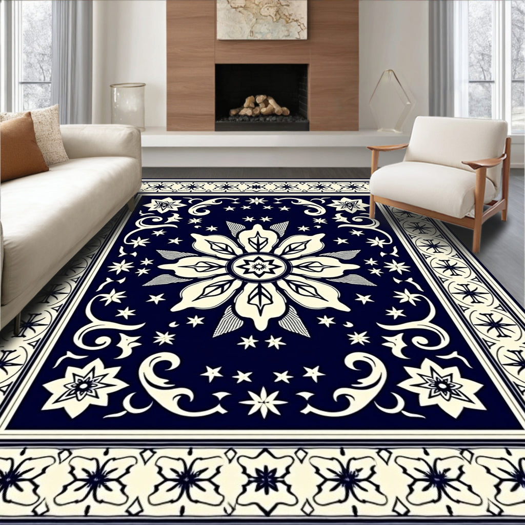 Navy Cream Floral Starburst Pattern Rug