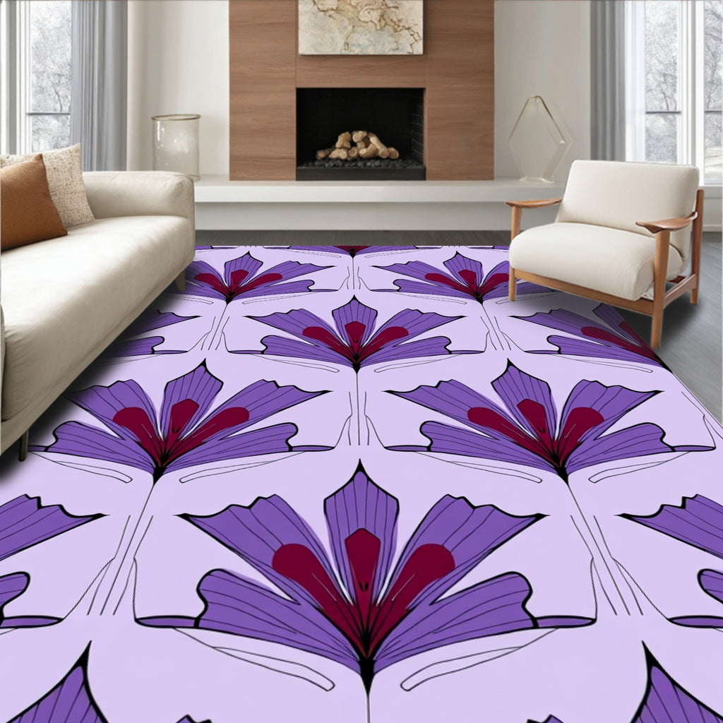 Purple Fan Floral Patterned Contemporary Rug