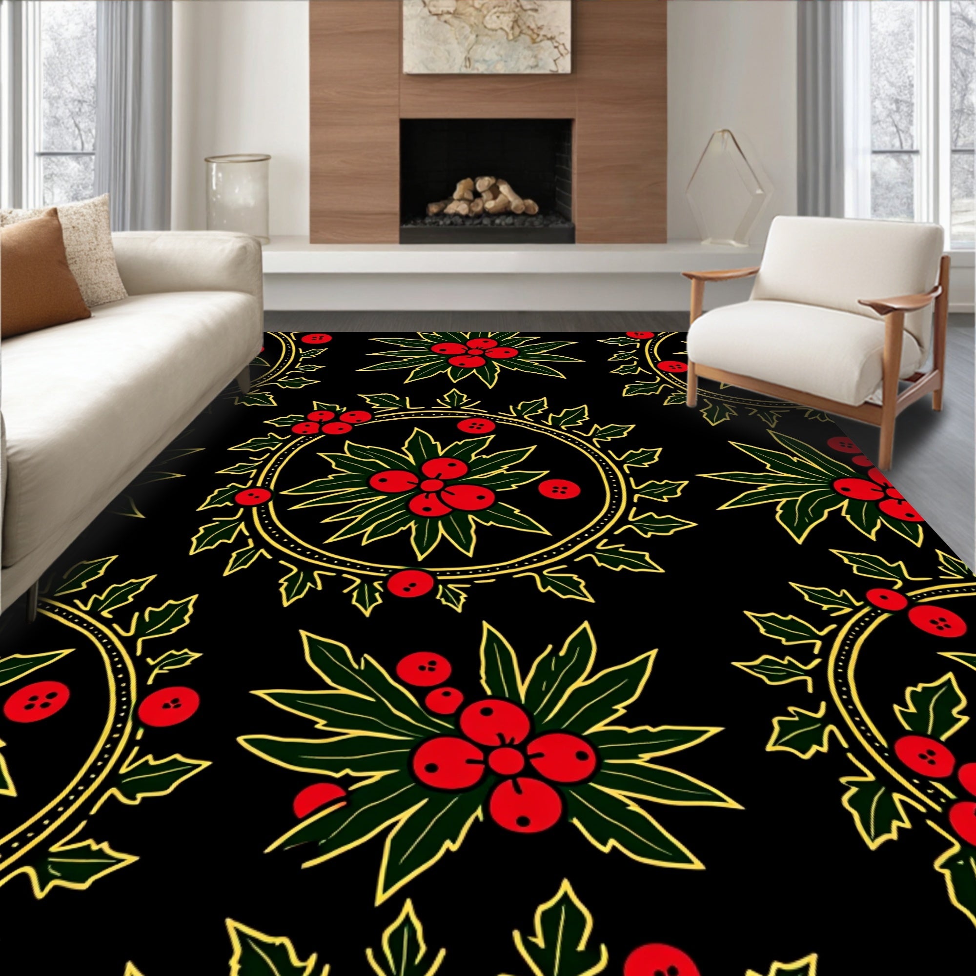 Festive Holly Berry Round Pattern Rug