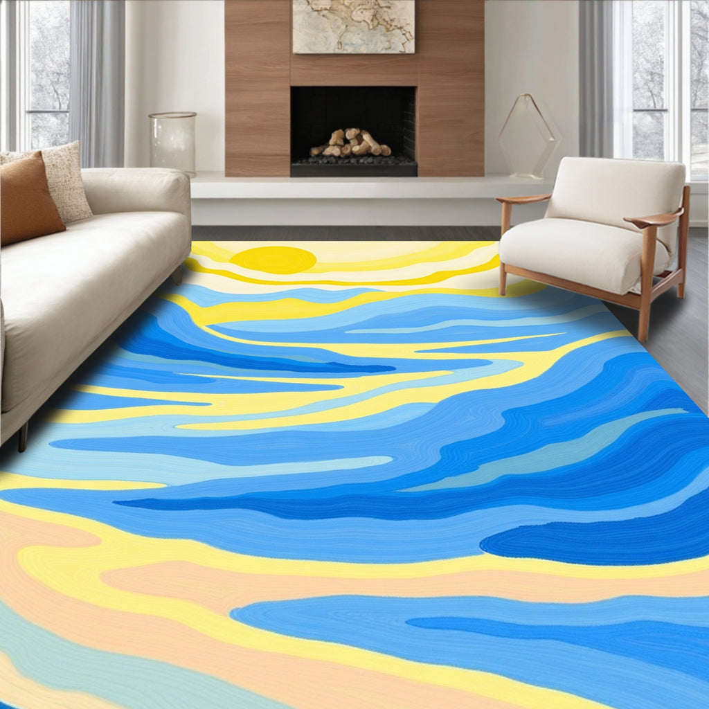 Abstract Wavy Blue Yellow Sun Design Rug