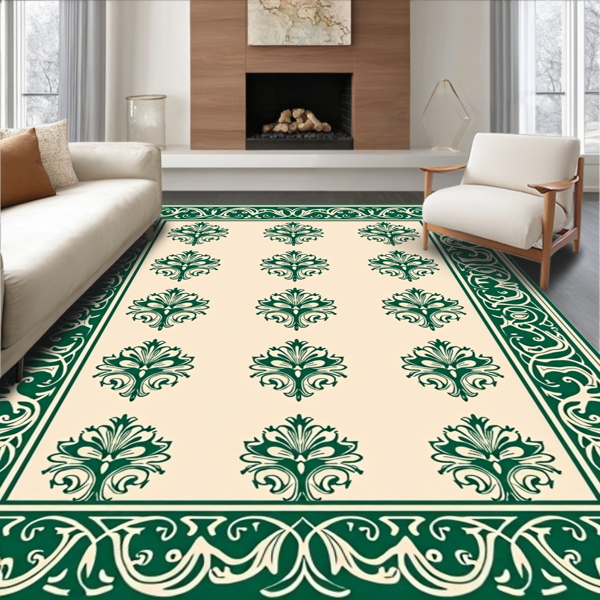 Elegant Green Floral Damask Style Rug