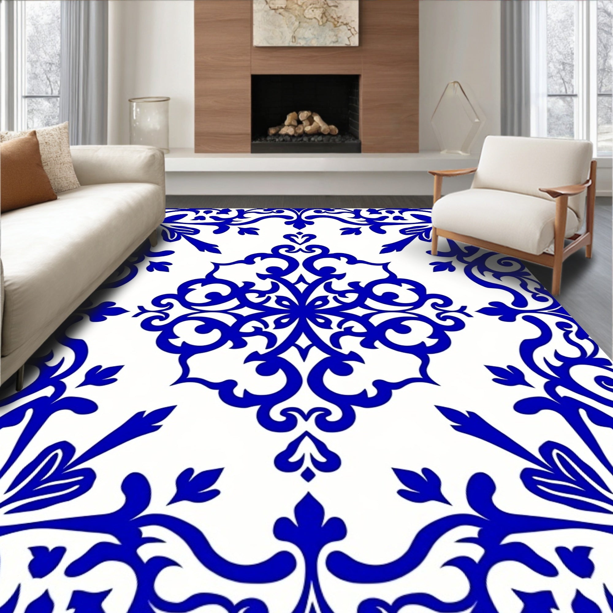 Elegant Blue Swirl Floral Ornament Rug