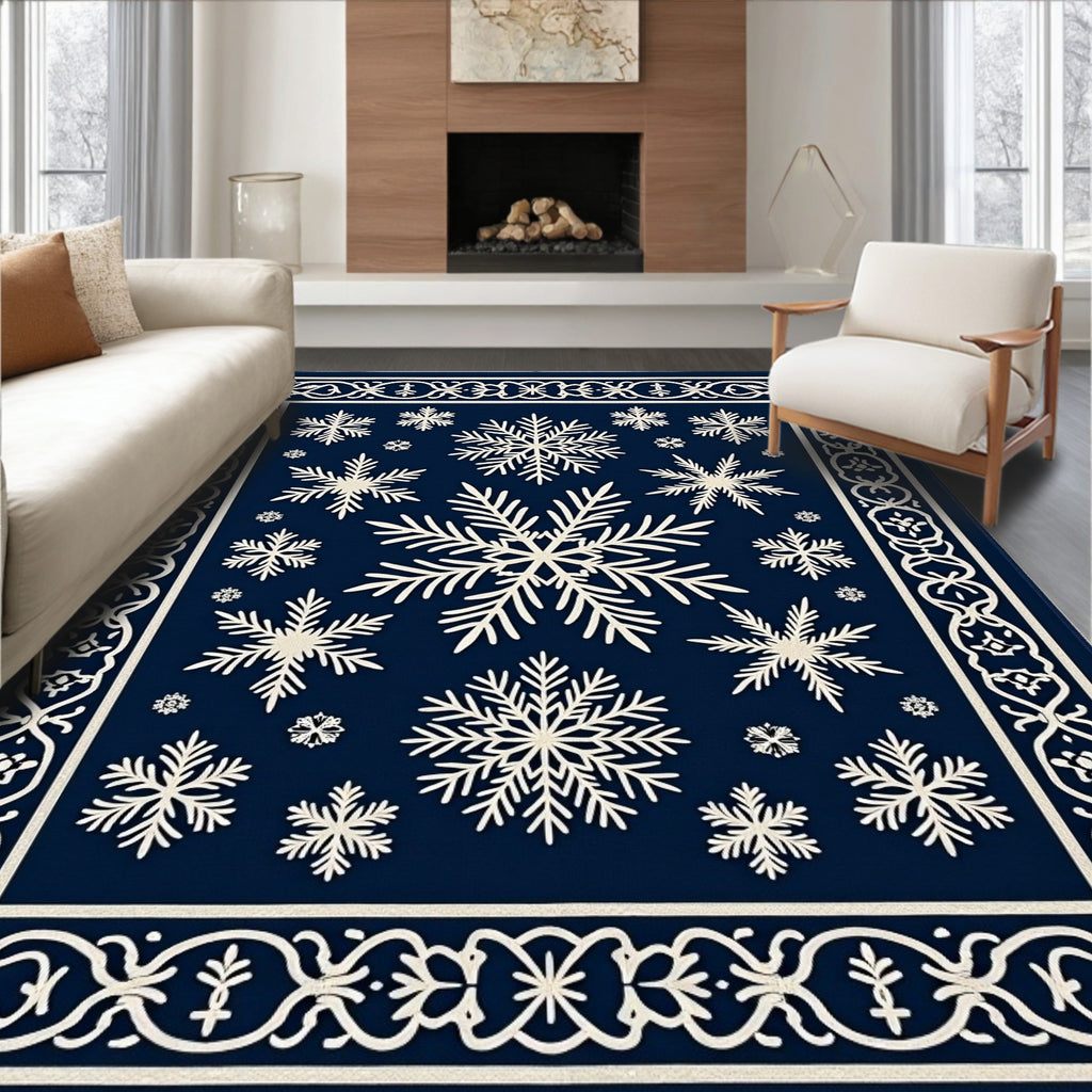 Snowflake Motif Navy Blue Bordered Rug
