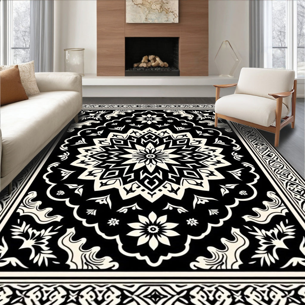 Black Cream Mandala Floral Pattern Rug