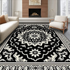 Black Cream Mandala Floral Pattern Rug