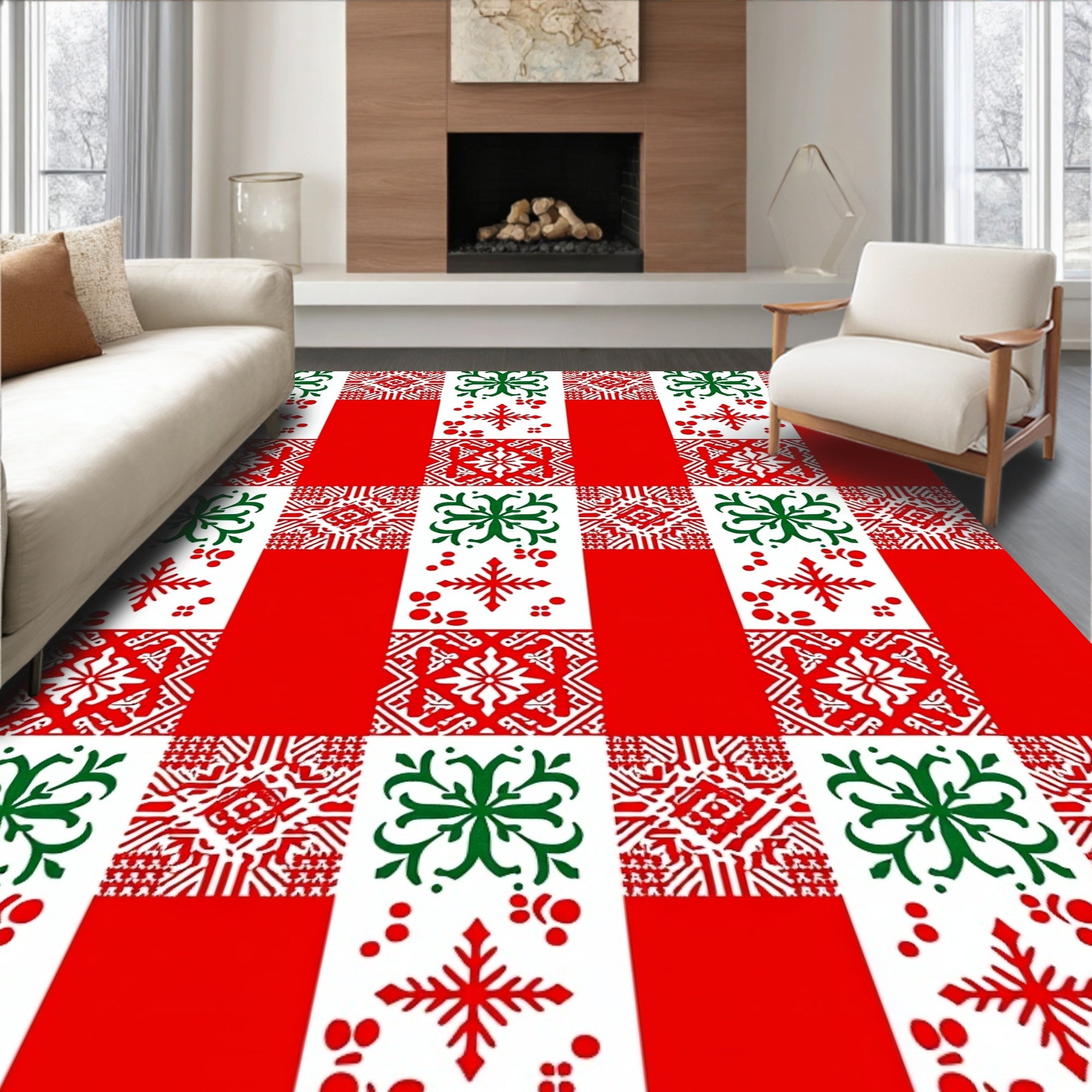 Red White Green Geometric Tile Pattern Rug