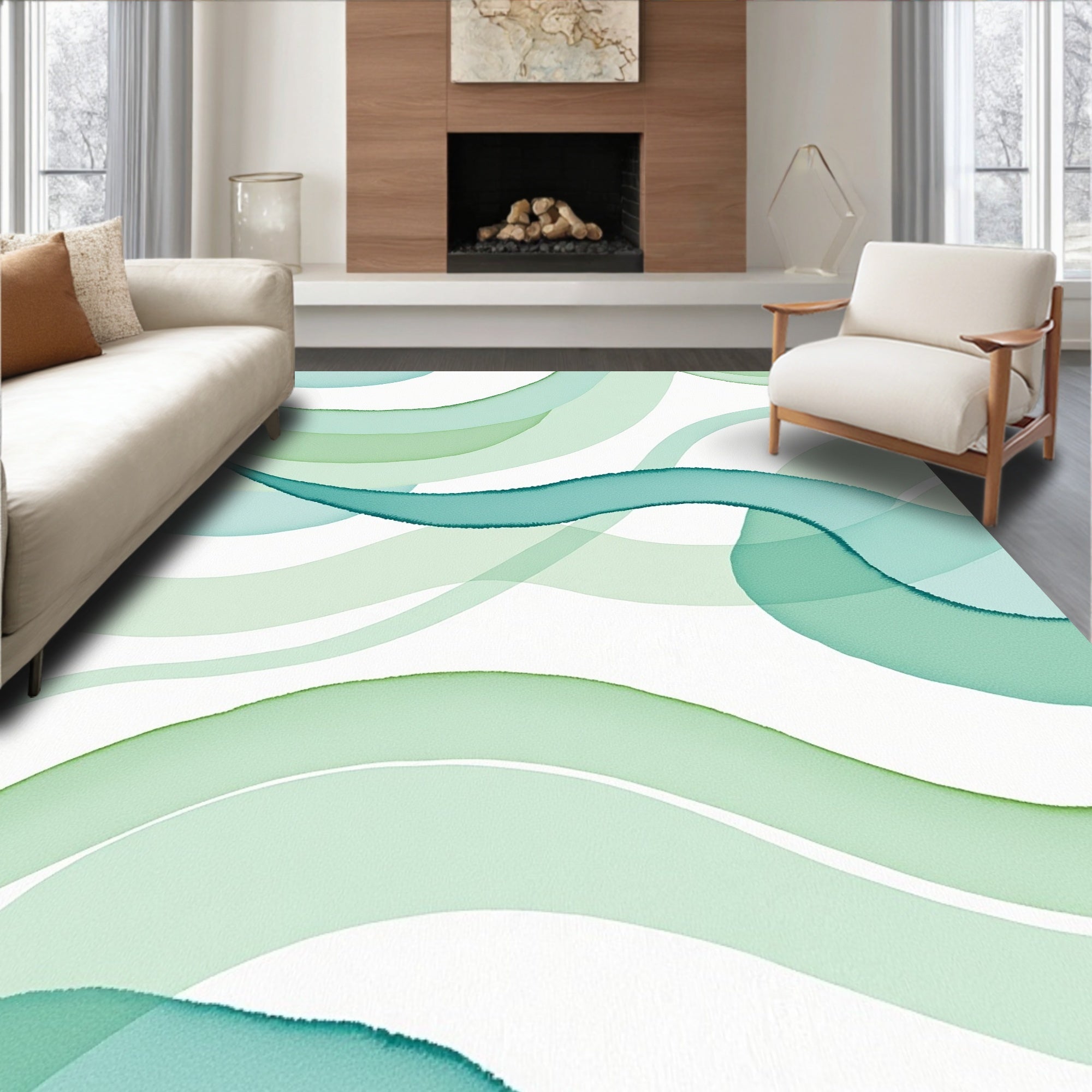 Aqua Green Watercolor Waves Design Rug