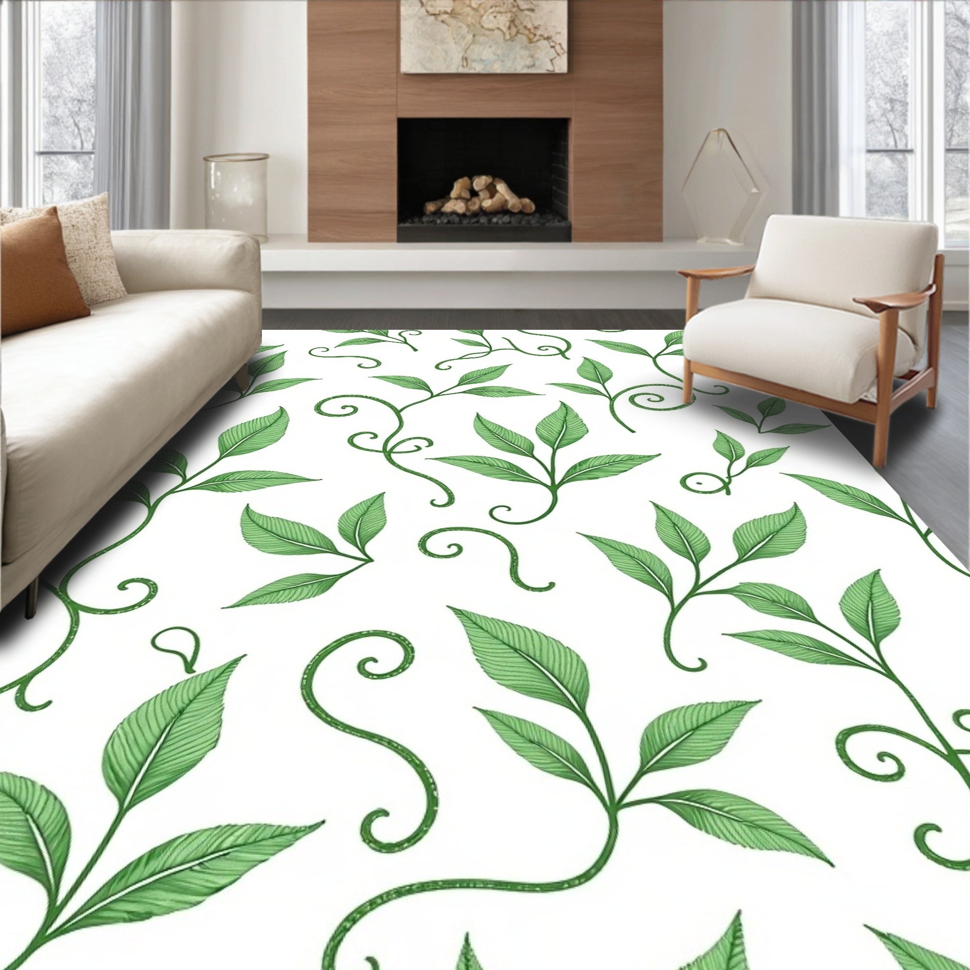 Delicate Green Vine Leaf Pattern Rug