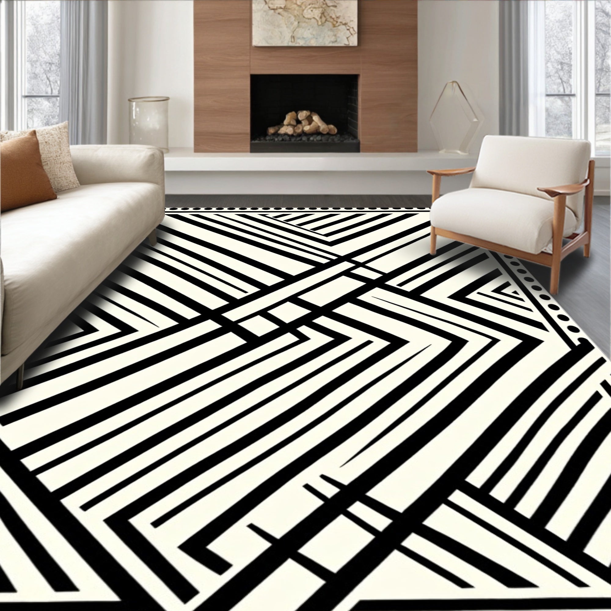 Bold Black White Diagonal Geometric Rug