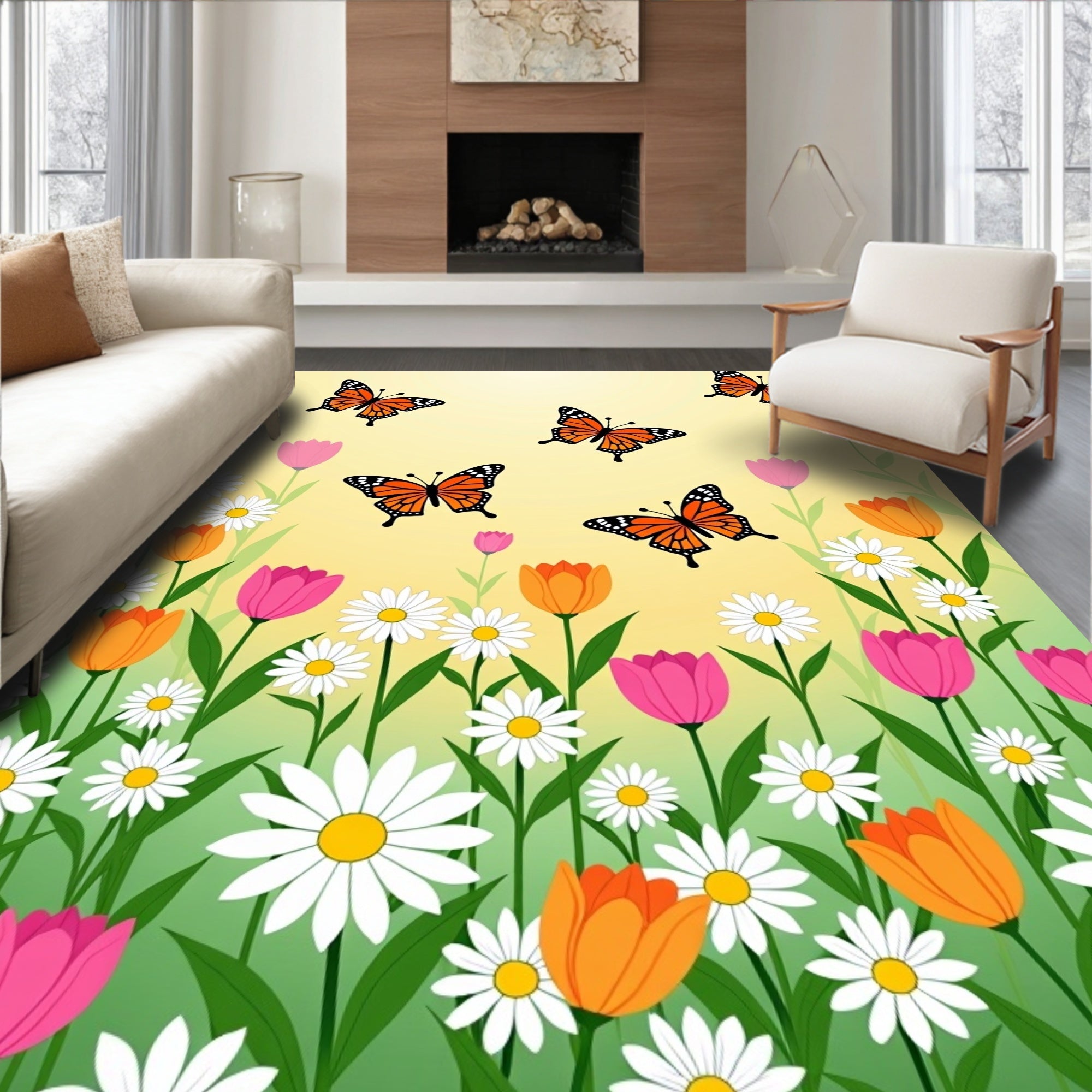 Whimsical Monarch Butterflies Flowers Rug