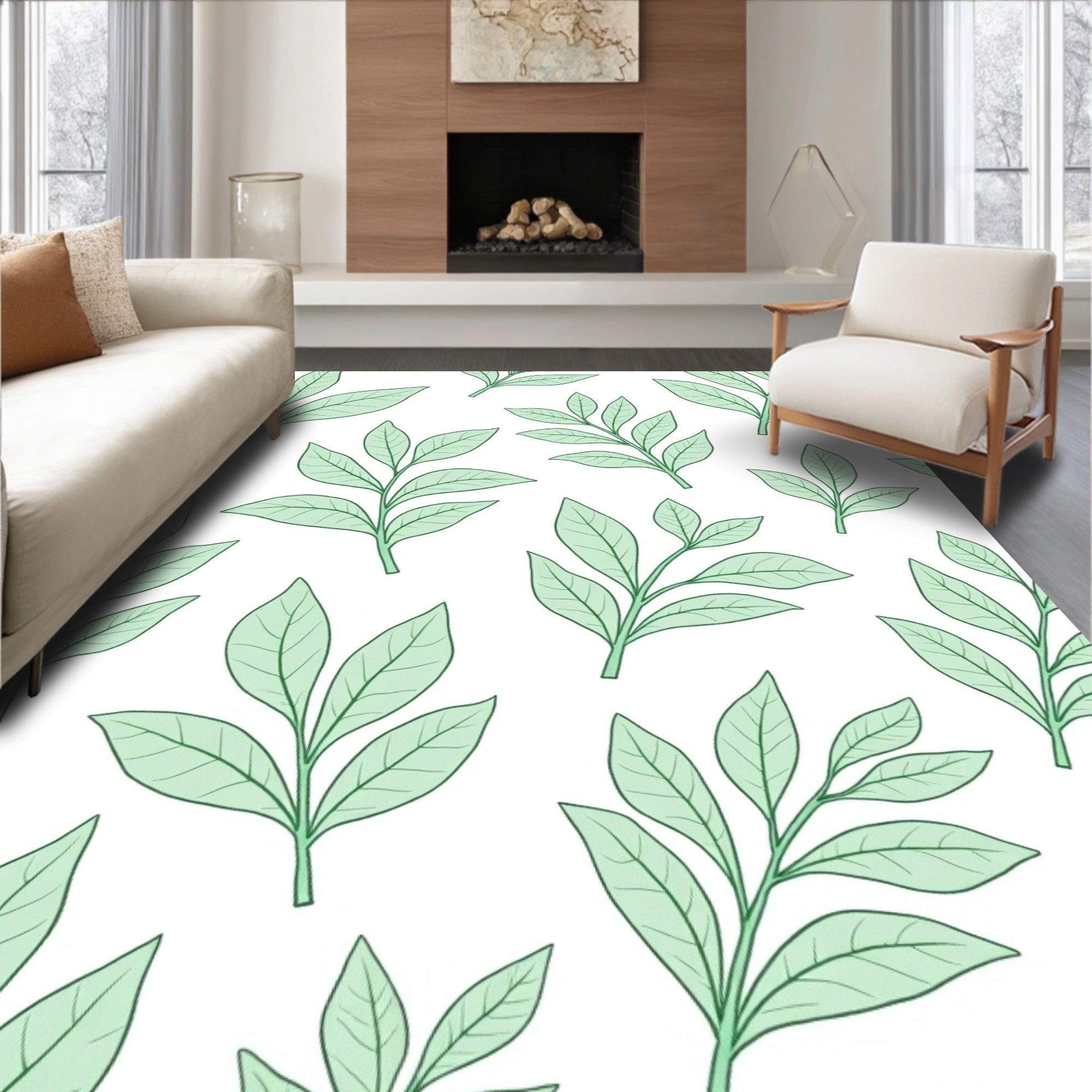Fresh Green Leaf Pattern Design Rug