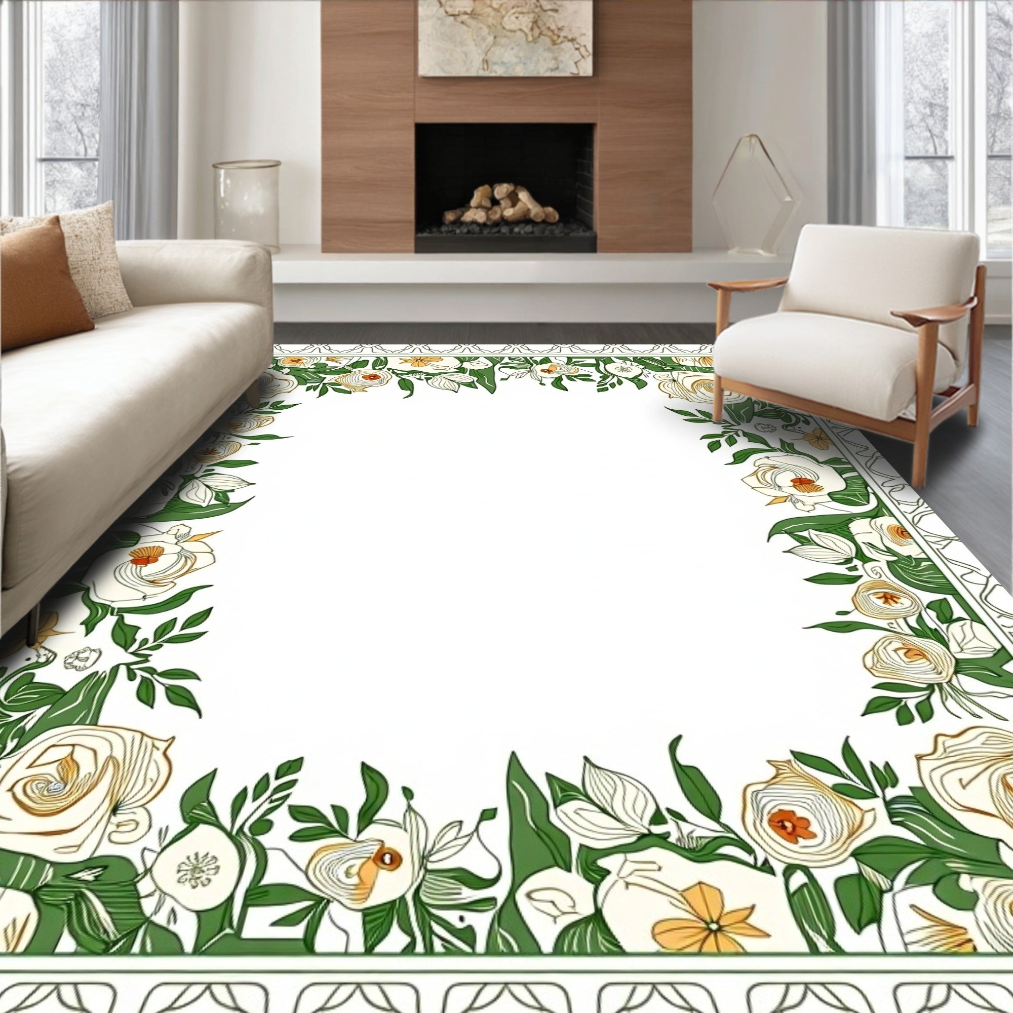 Elegant Floral Border With Cream Green Blooms Rug