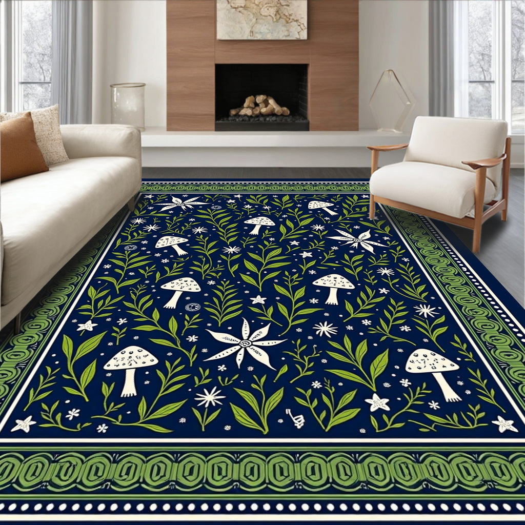 Whimsical Mushroom Floral Garden Motif Rug
