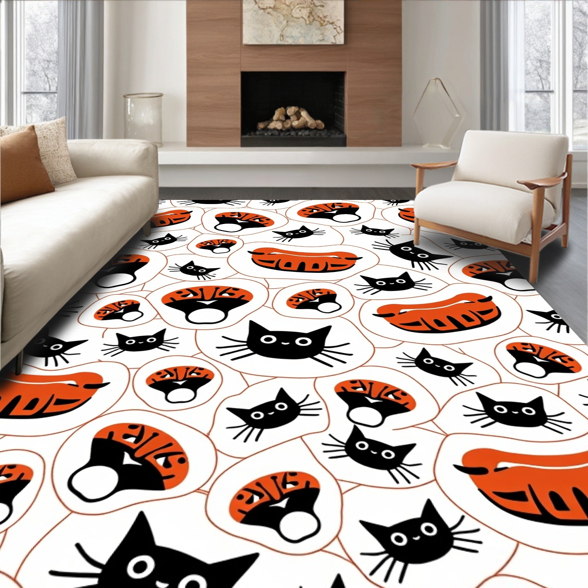 Whimsical Black Cats Orange Shapes Rug