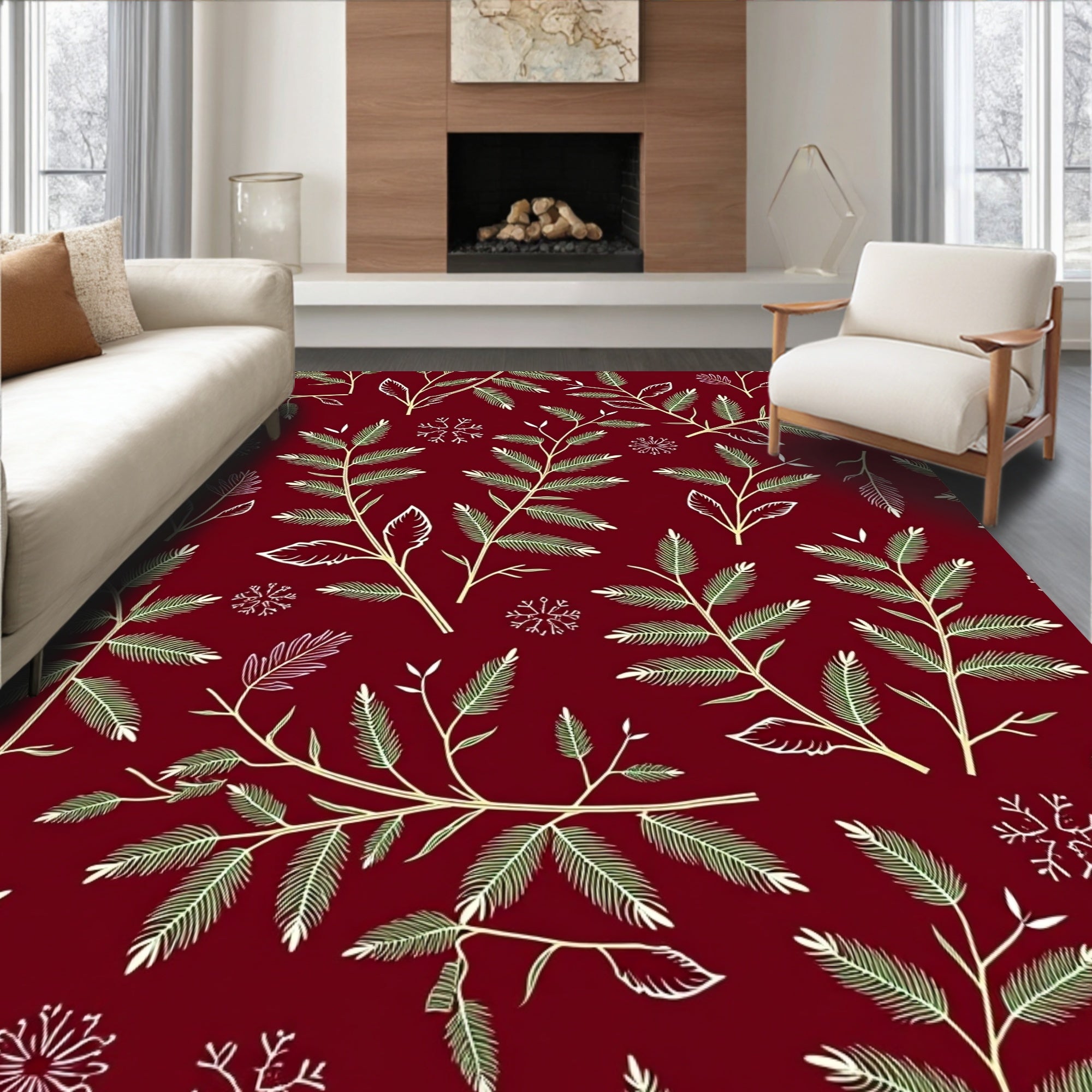 Festive Botanical Branch Snowflake Design Rug