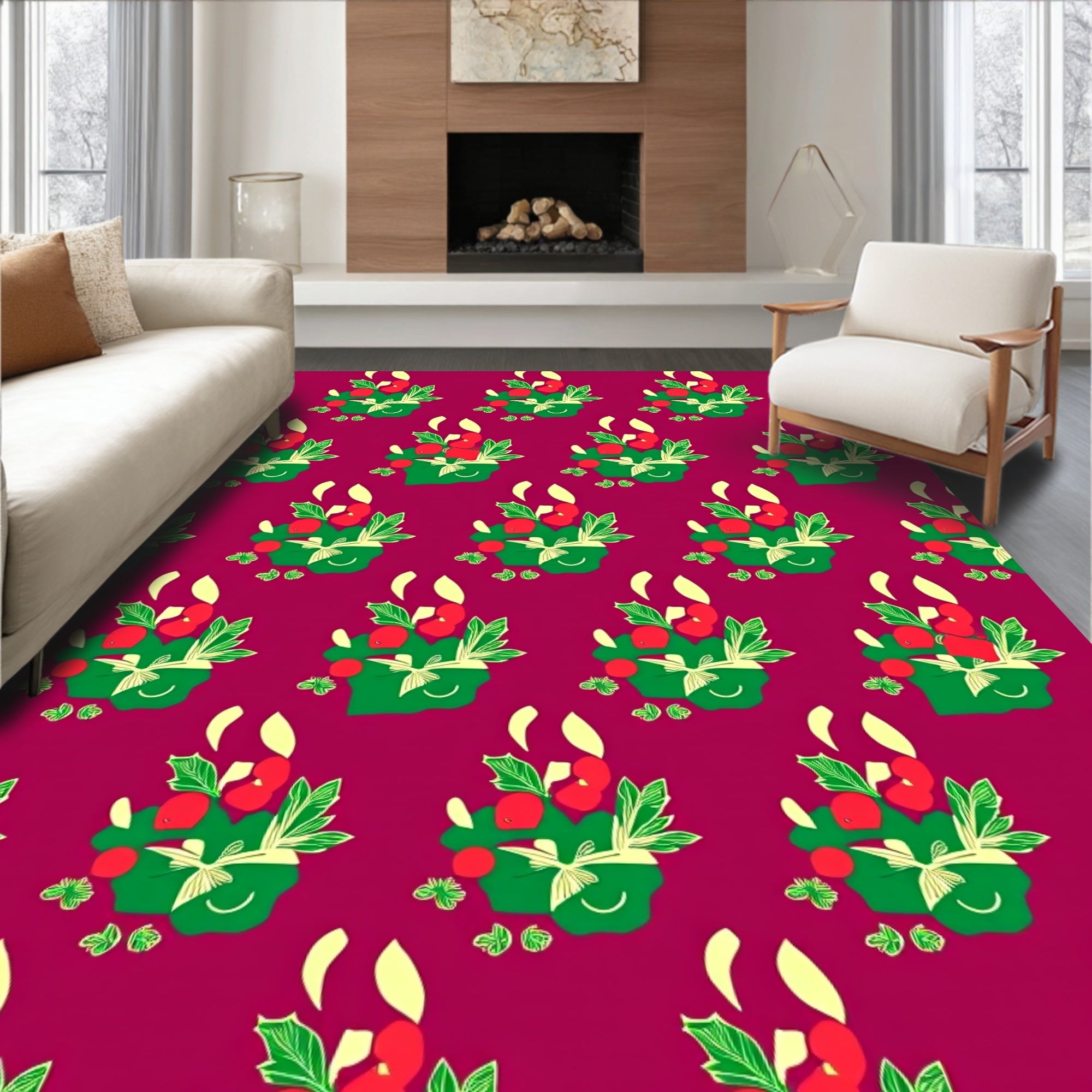 Festive Red Berry Potted Plant Rug