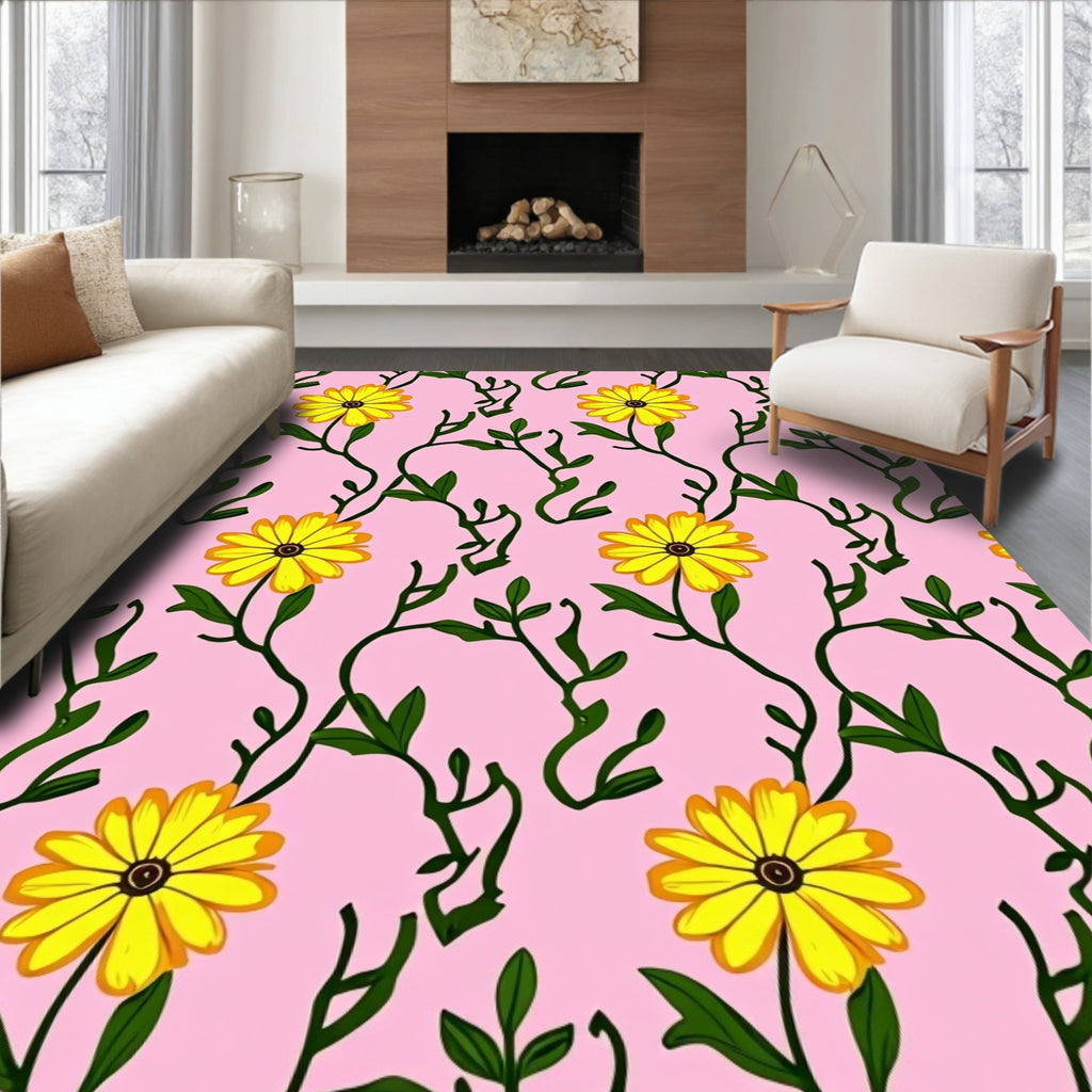 Vibrant Yellow Flower Vine Pattern Rug