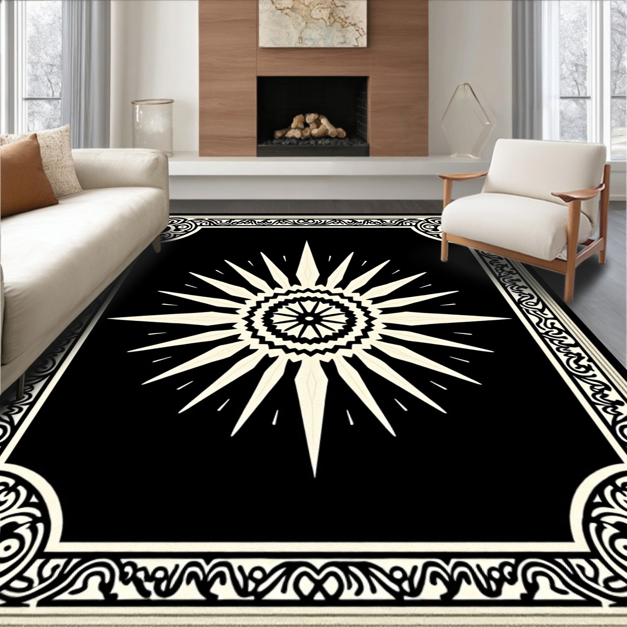 Black and Cream Sunburst Medallion Rug