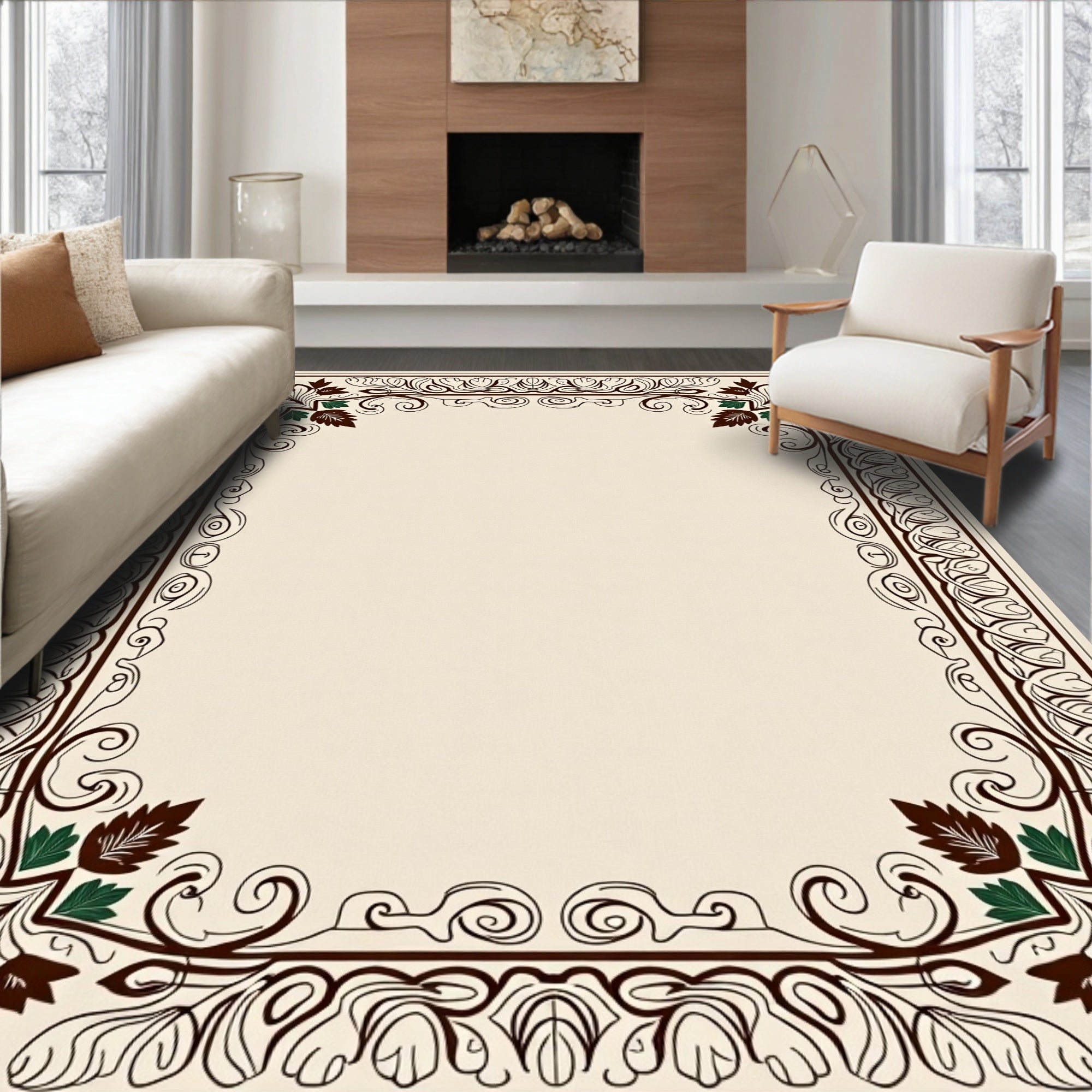 Ornate Floral Leaf Scroll Accents Rug