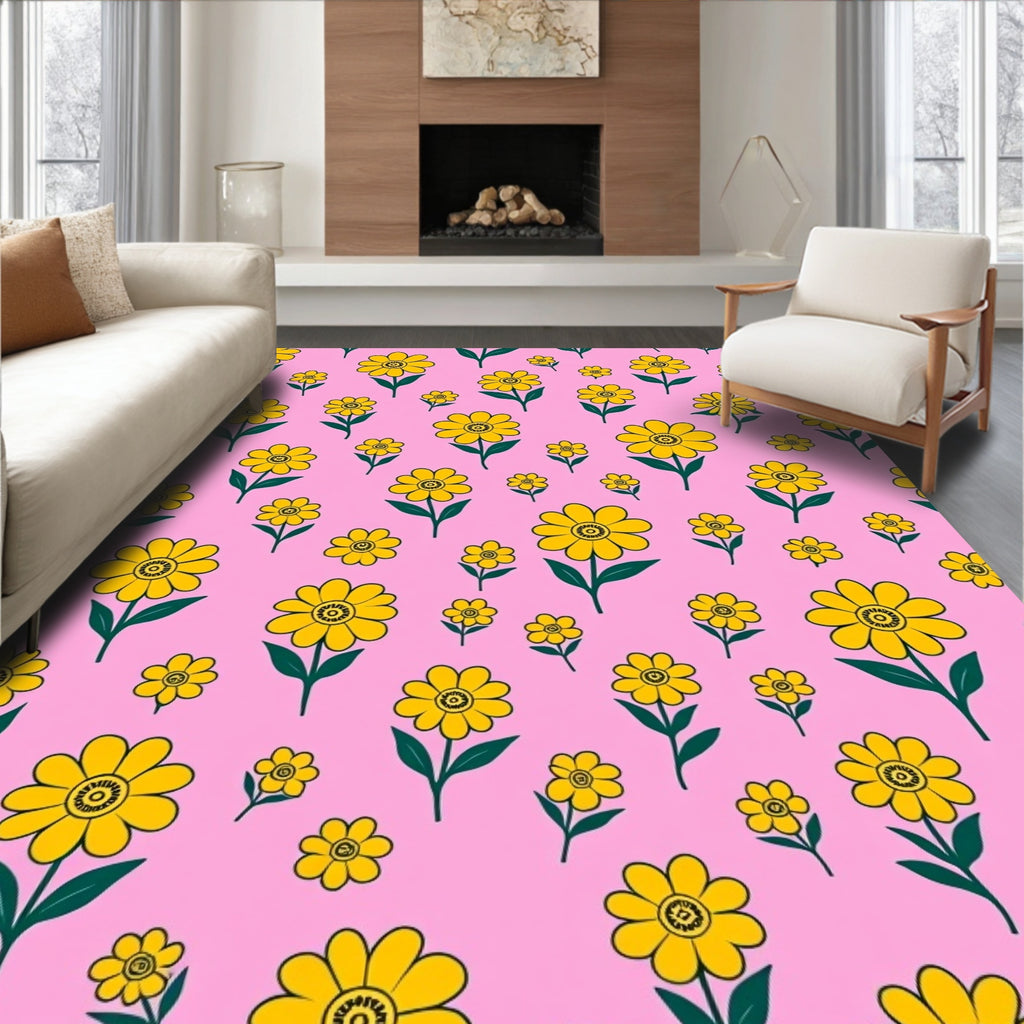 Yellow Daisy Patterned Pink Background Rug