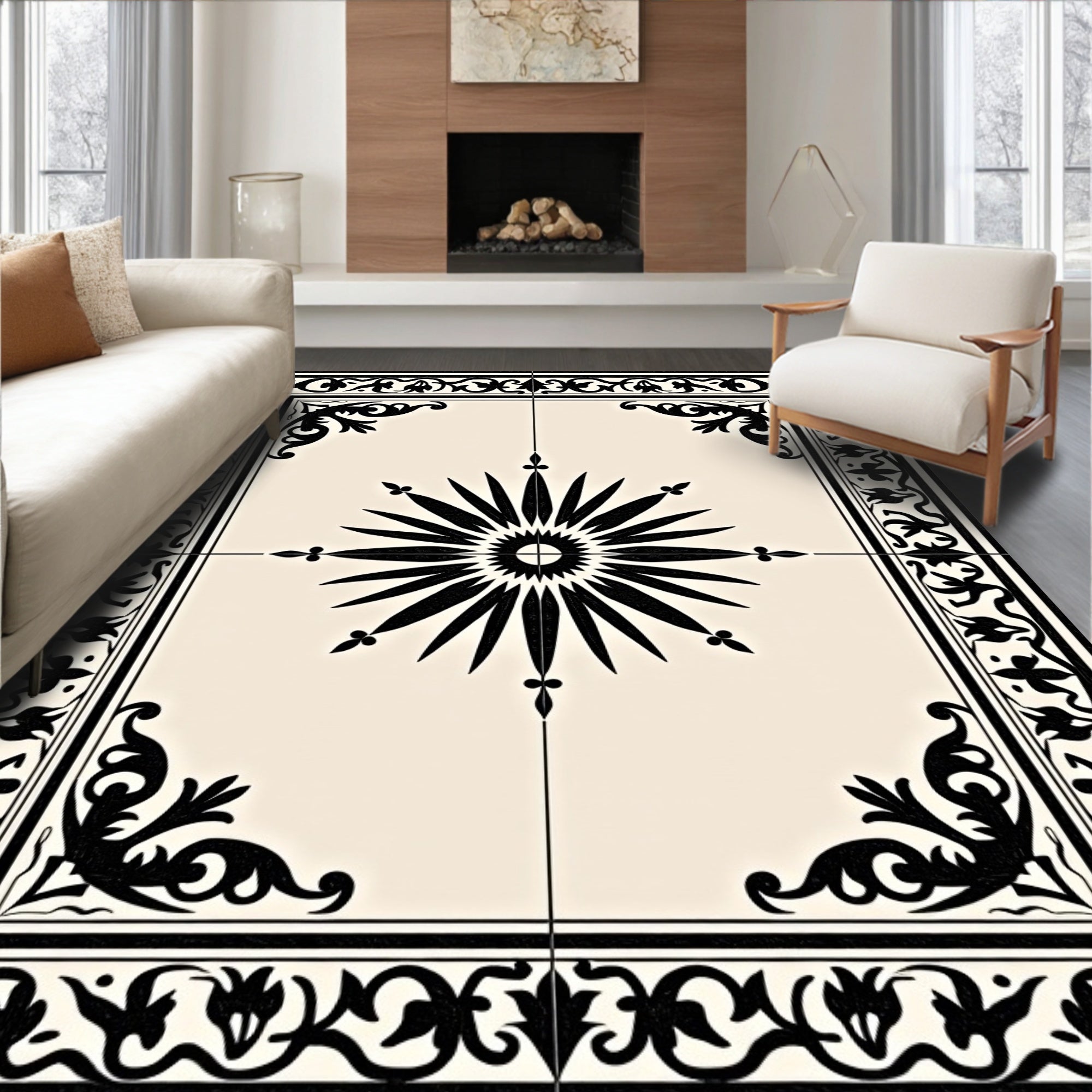 Classic Starburst Floral Border Design Rug