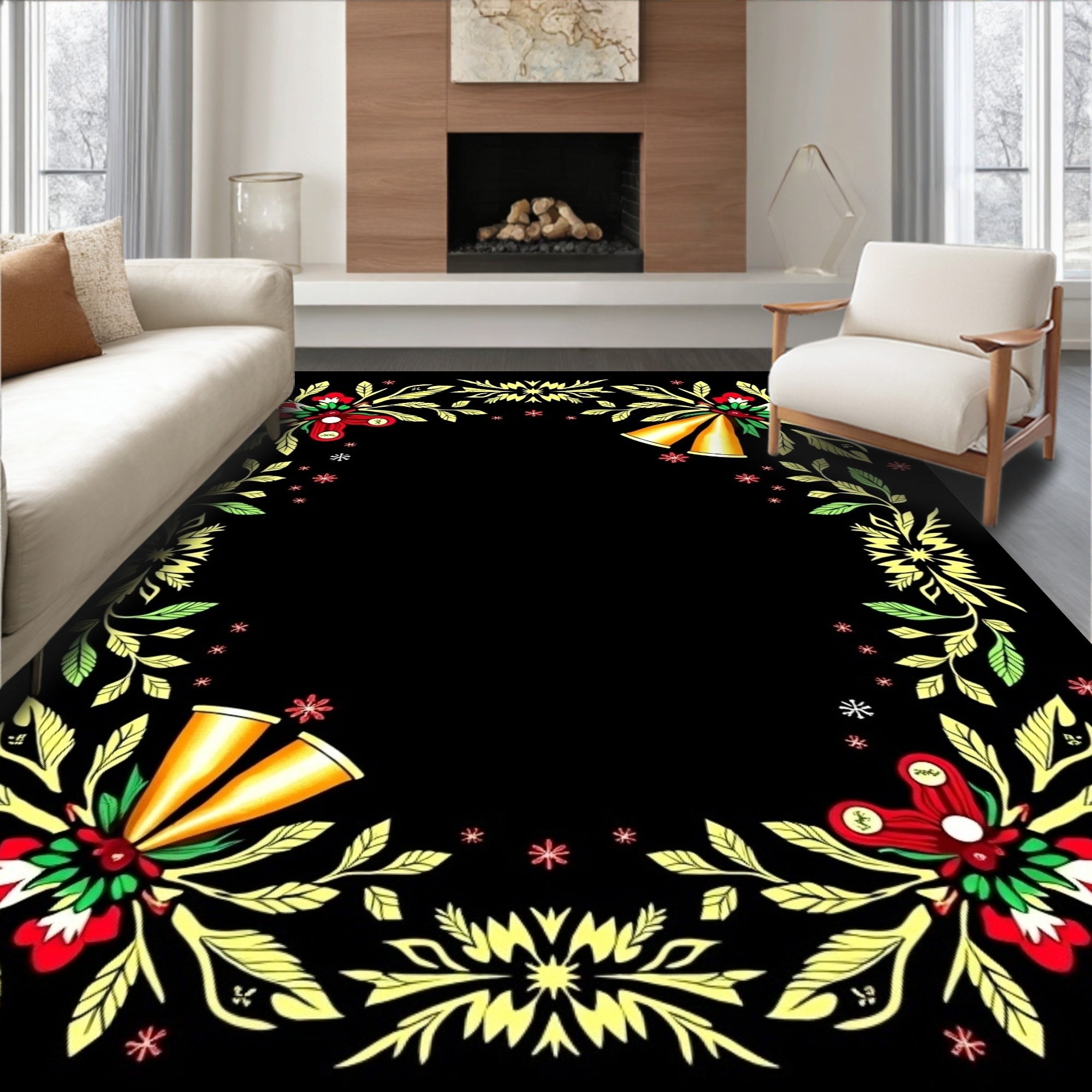 Elegant Floral Bells Festive Border Rug